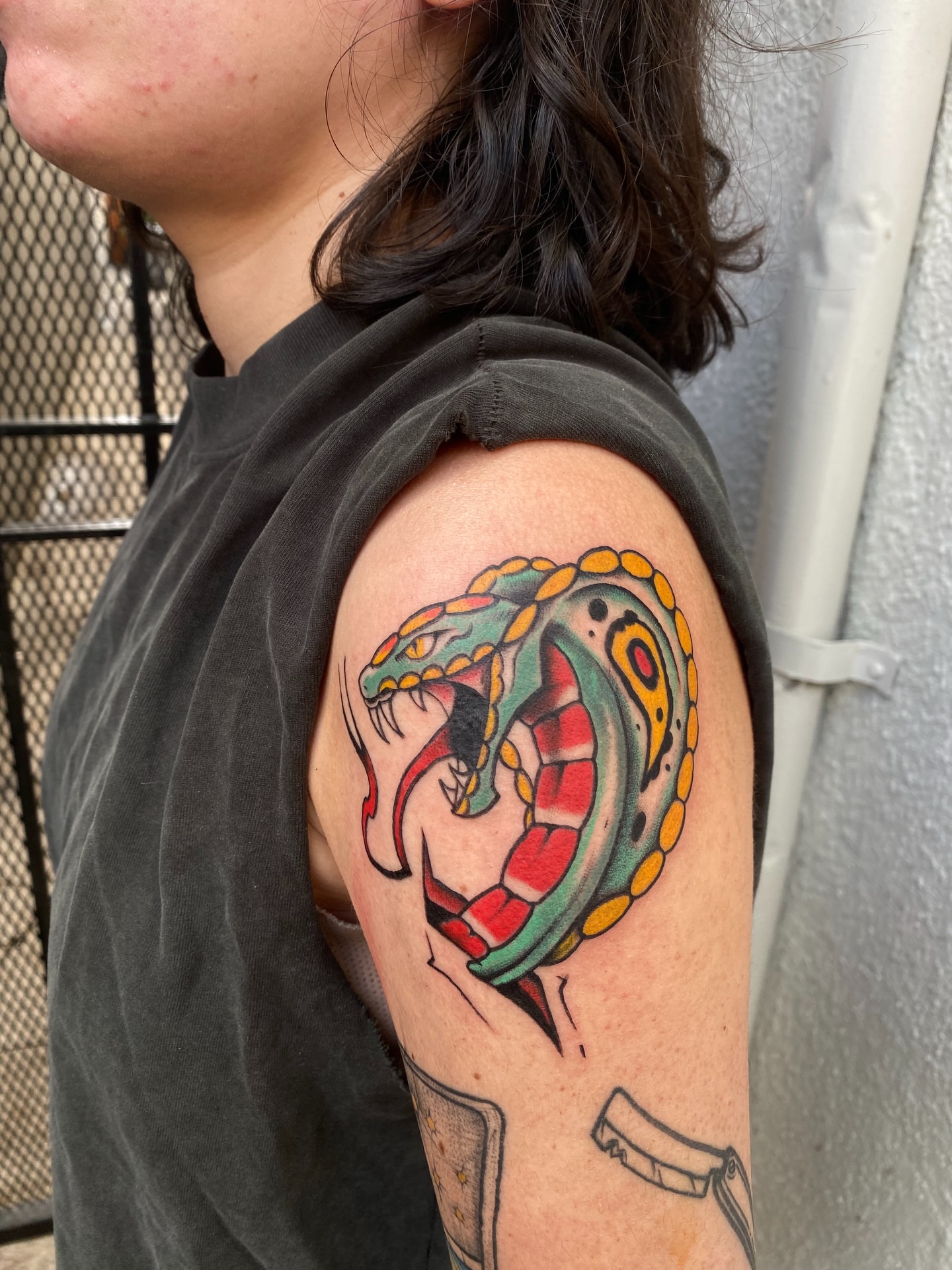 Snake American traditional tattoo on the upper arm by Karl Hegwein, Portland, Oregon