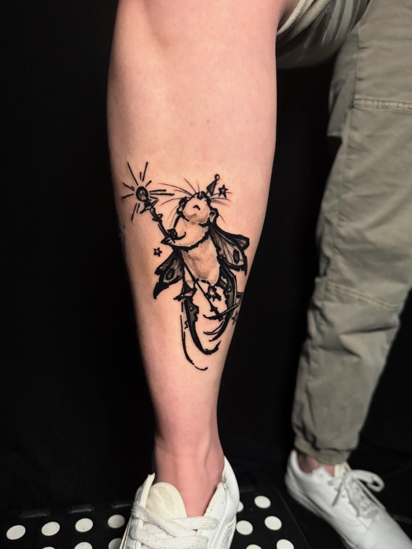 Cat with wand black and grey tattoo on the forearm by z o y a, Seattle, Washington