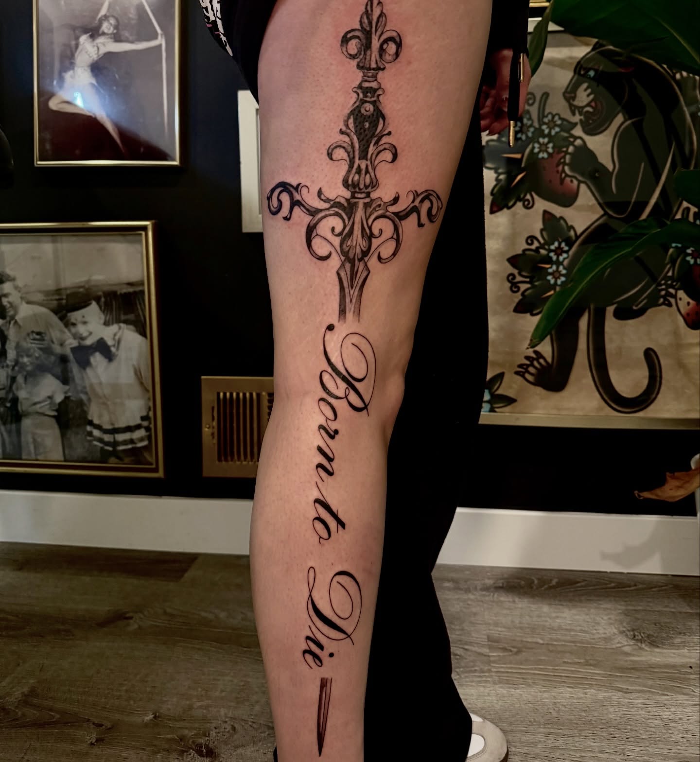 Sword and cursive text ornamental tattoo on the forearm by Ki ☆ SLC TATTOO ARTIST