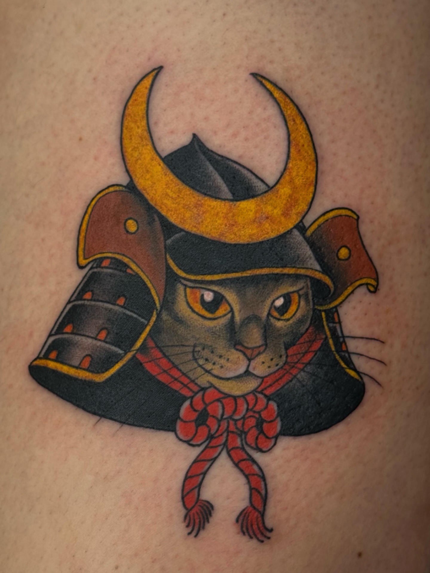 Cat in samurai armor American traditional tattoo on the thigh by Anna Wall