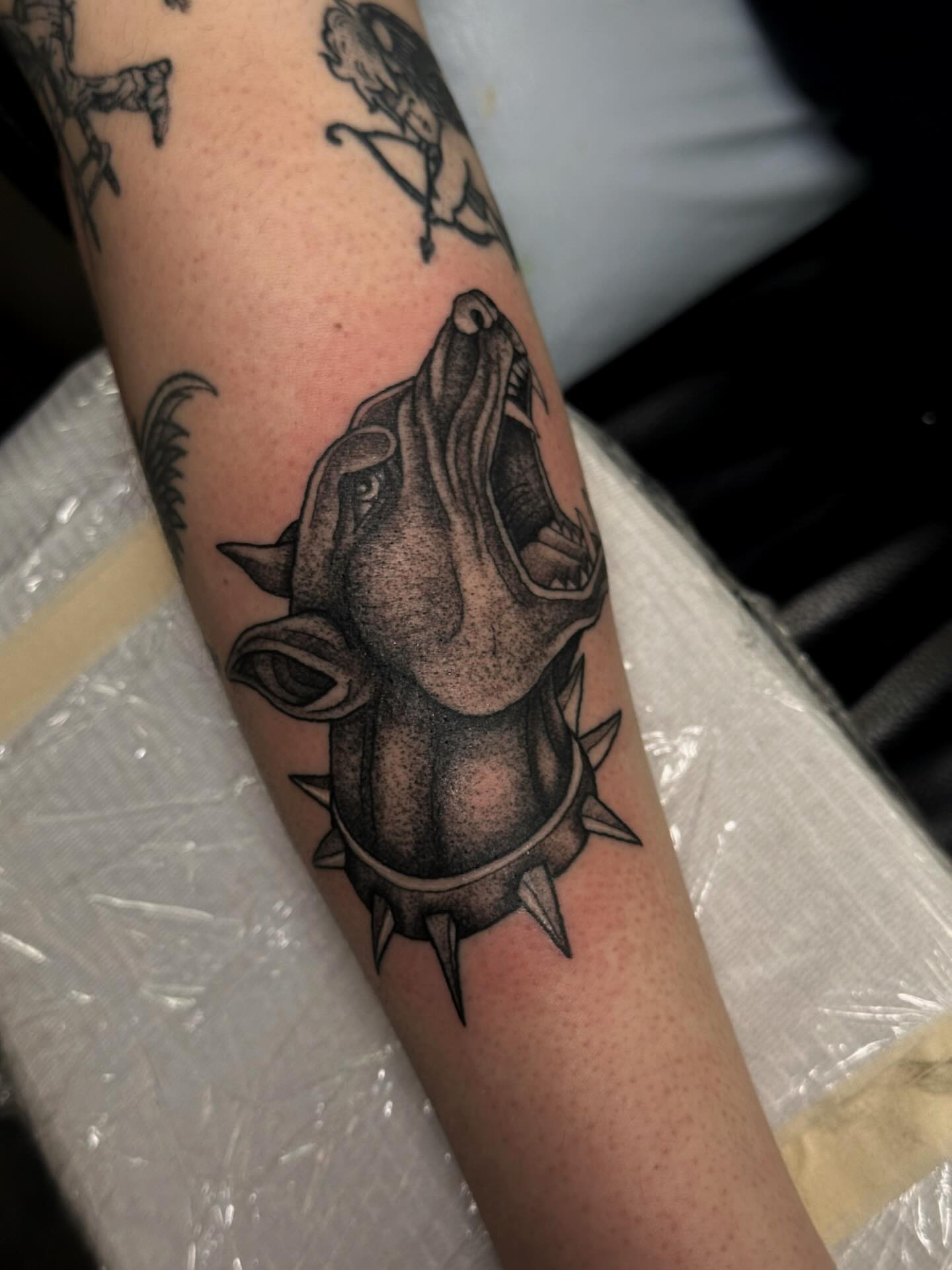 Dog dotwork tattoo on the forearm by Elizabeth Tabler
