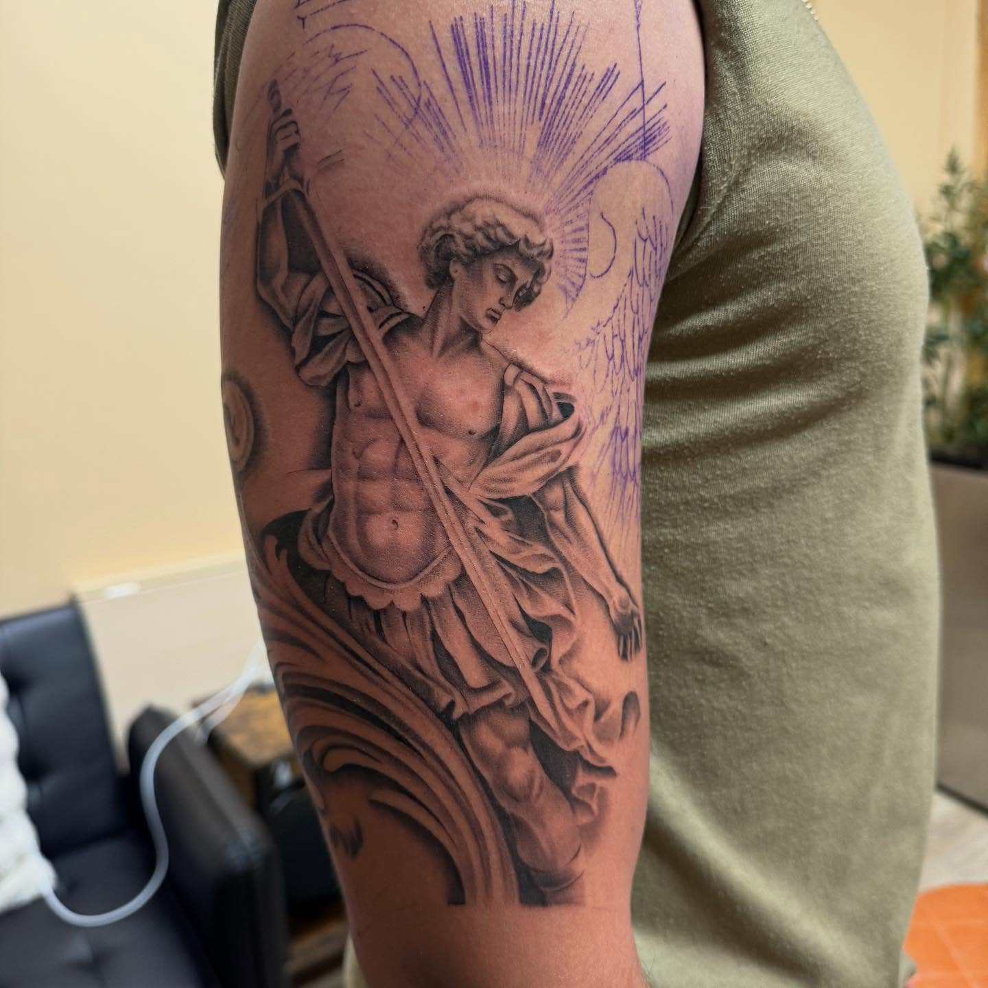 Angel with sword realism tattoo on the forearm by Jas Knight