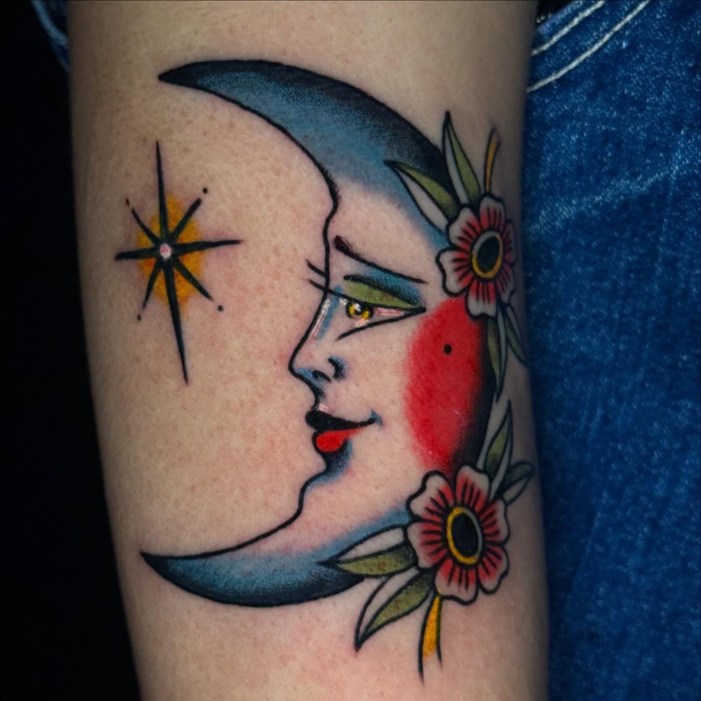Moon and woman American traditional tattoo on the forearm by Mallory Brown