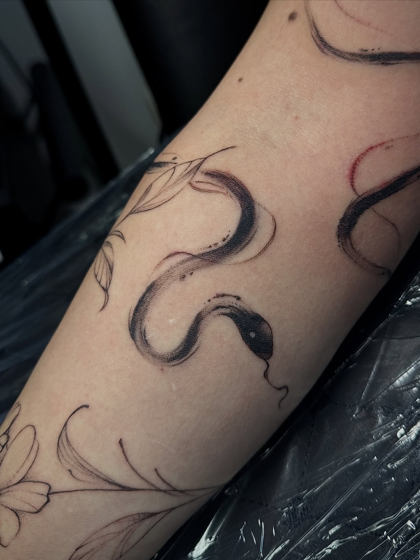 Snake black and grey tattoo on the forearm by 𝐀𝐝𝐫𝐢𝐞𝐥 𝐓𝐢𝐧𝐤𝐥𝐞𝐧𝐛𝐞𝐫𝐠 ⏾, Denison, Iowa