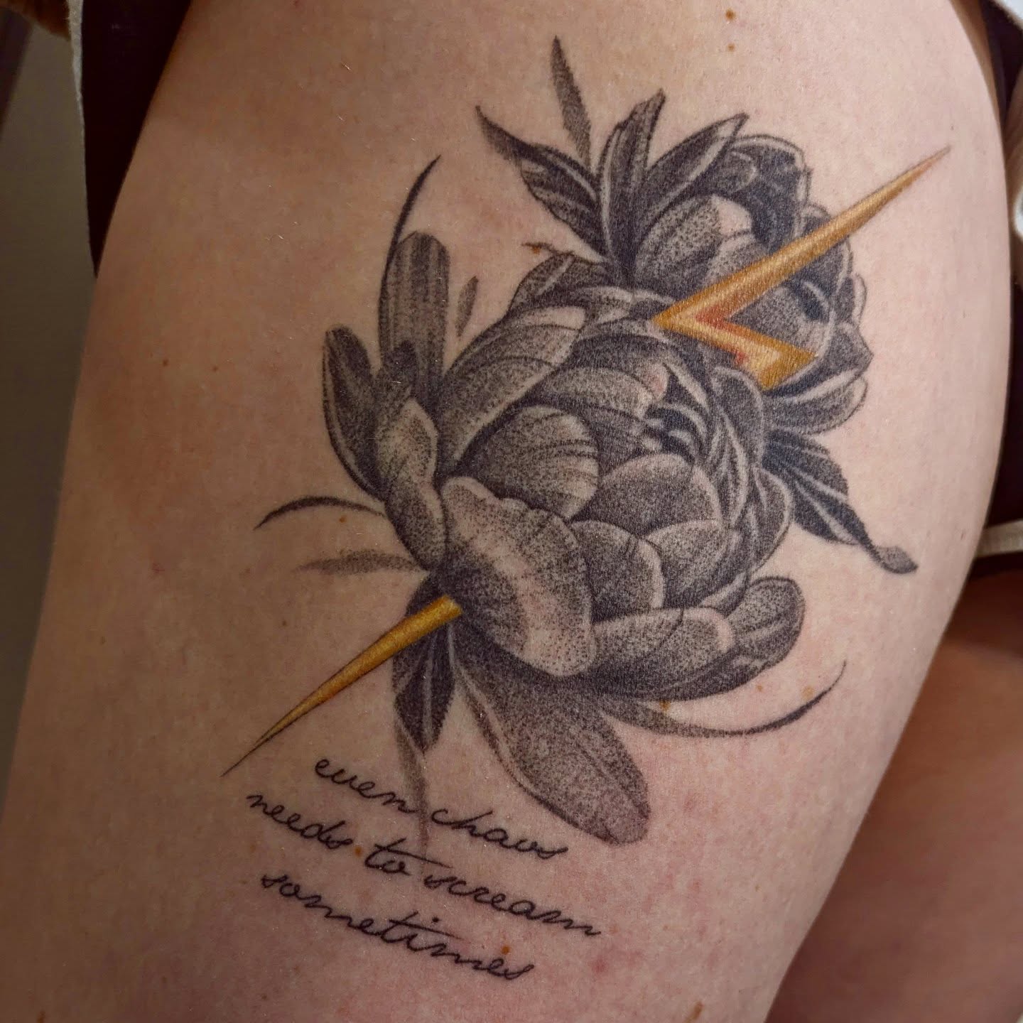 Artichoke with thorns dotwork tattoo on the thigh by Jasmine Dillon