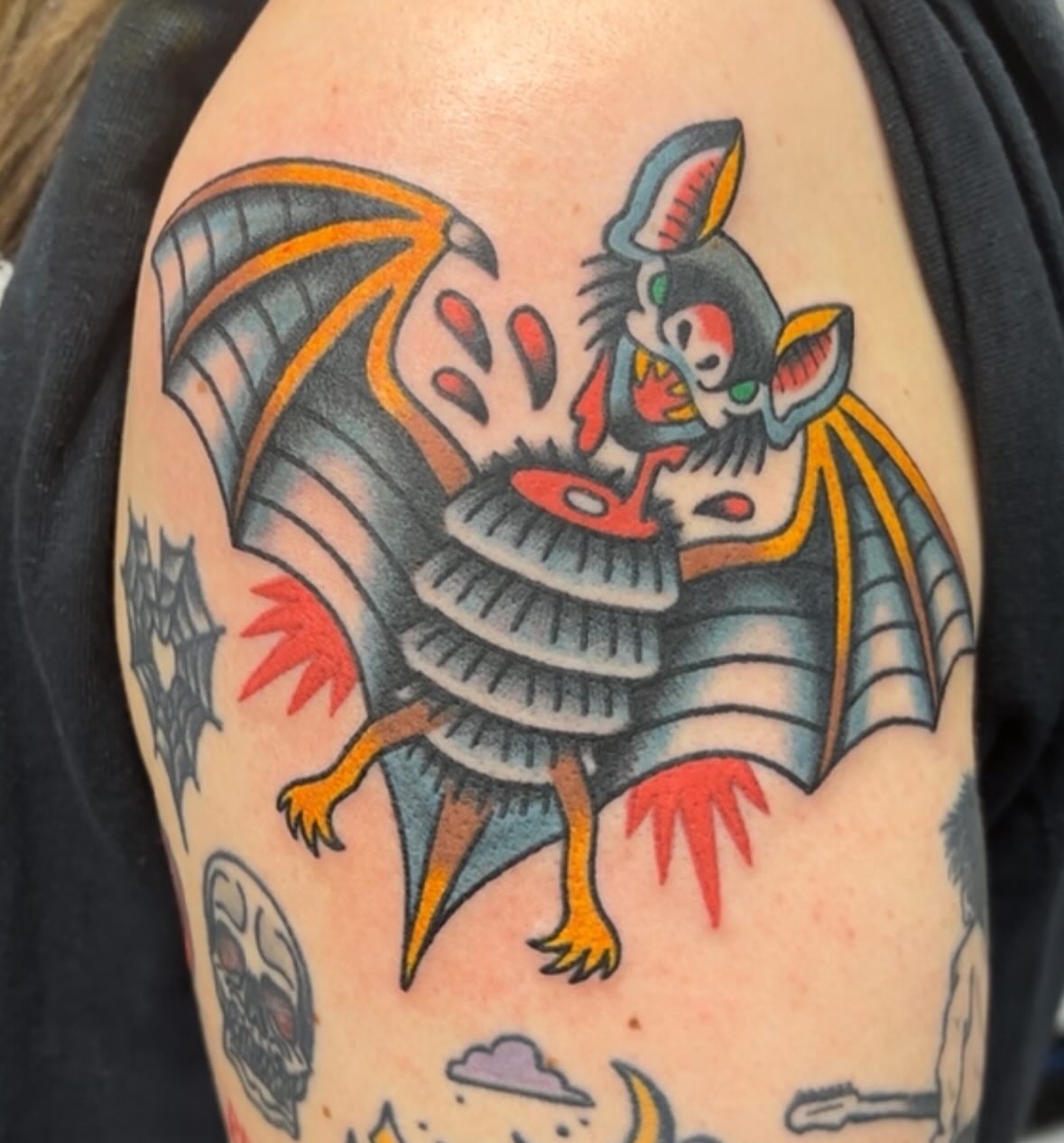 Bat dj American traditional tattoo on the shoulder by ๐๐๐ฑ๐ฑ๐ฌ๐ฌ ๐๐ฏ๐ฑ๐ฆ๐ฐ๐ฑ