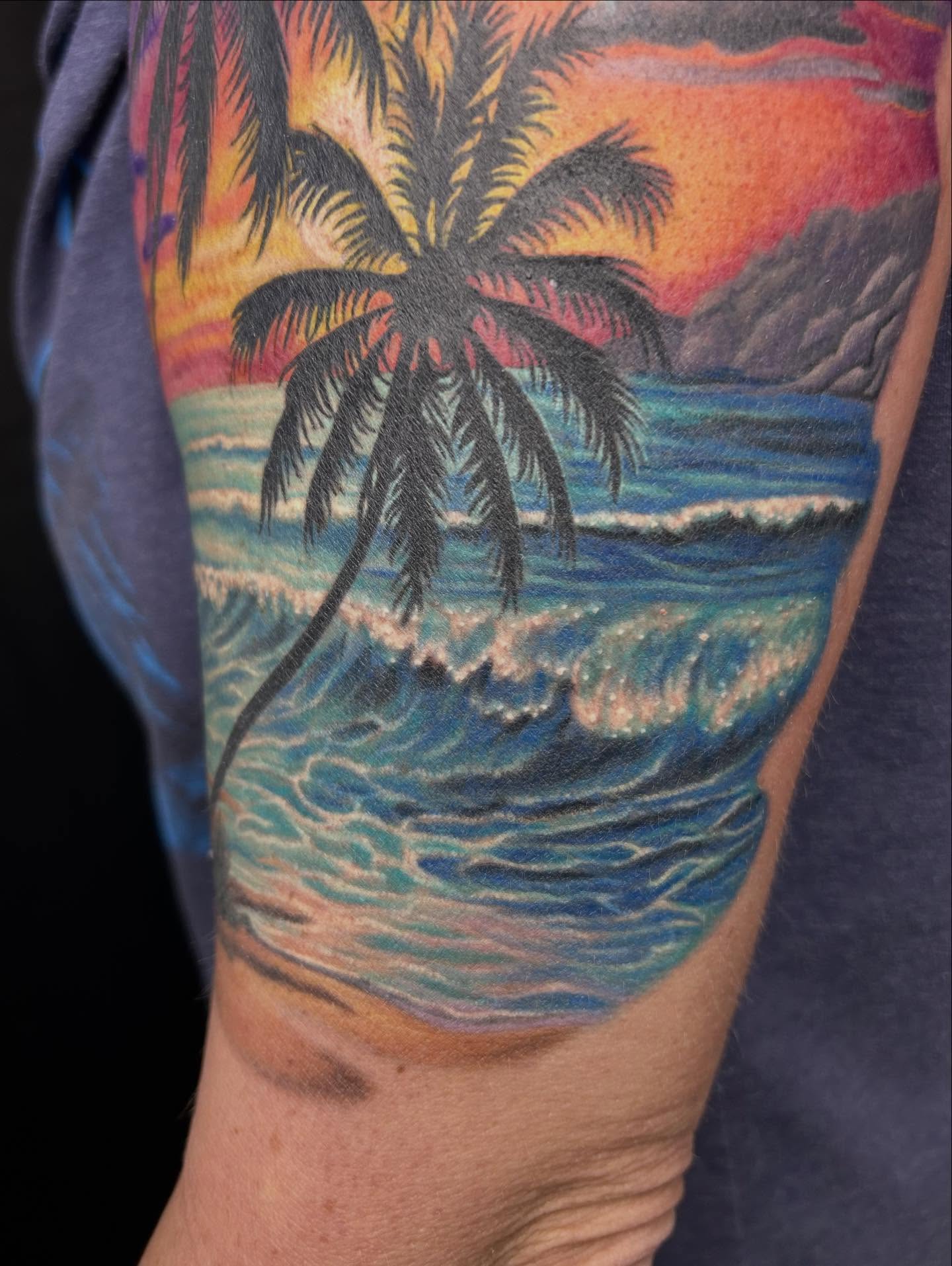 Beach sunset new school tattoo on the forearm by Mary Rose Heckle