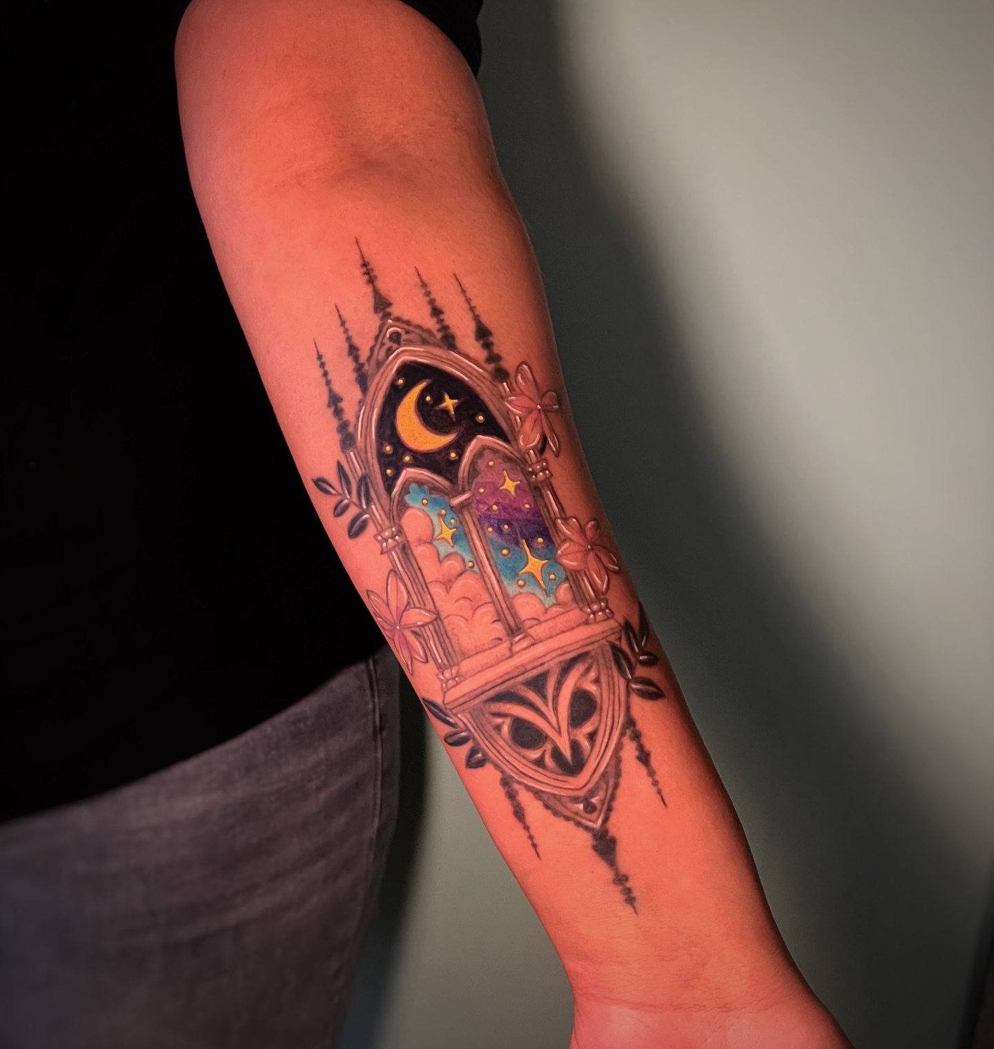 Astronomical window geometric tattoo on the forearm by Michelle Pomerantz 🌼 Portland Tattoo Artist
