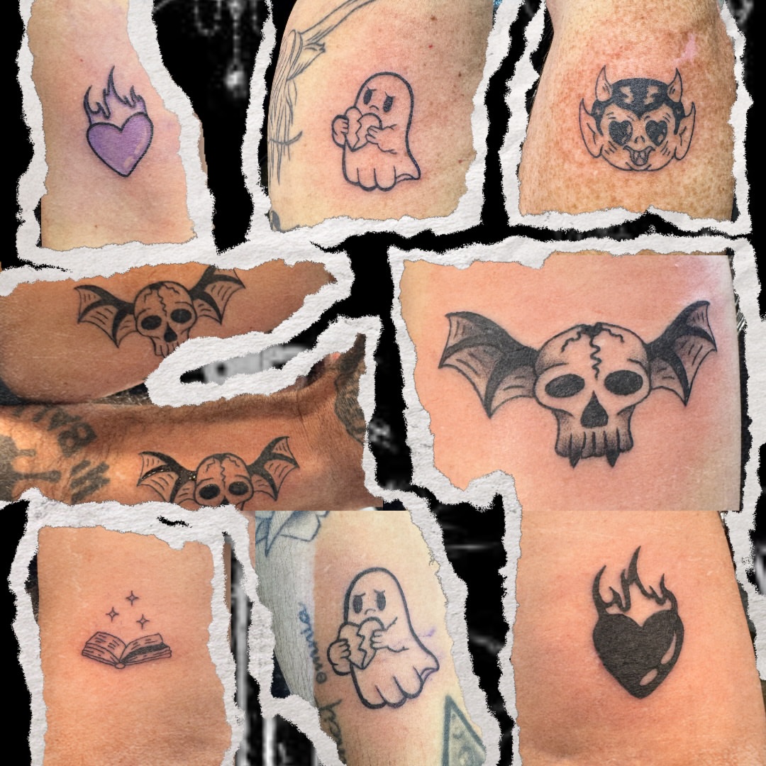 Ghosts and skulls neo-traditional tattoo on the forearm by Seth Christianson