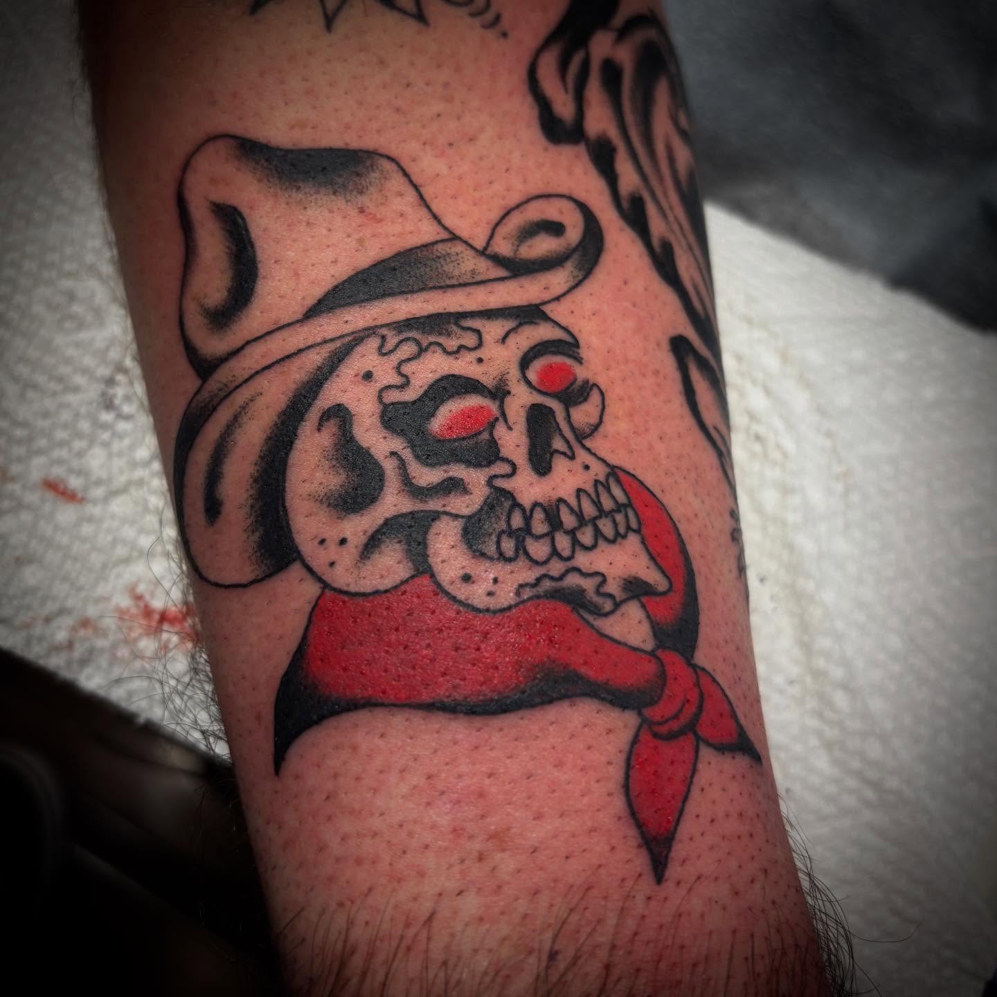 Cowboy skull American traditional tattoo on the forearm by dayton skuse, Portland, Oregon