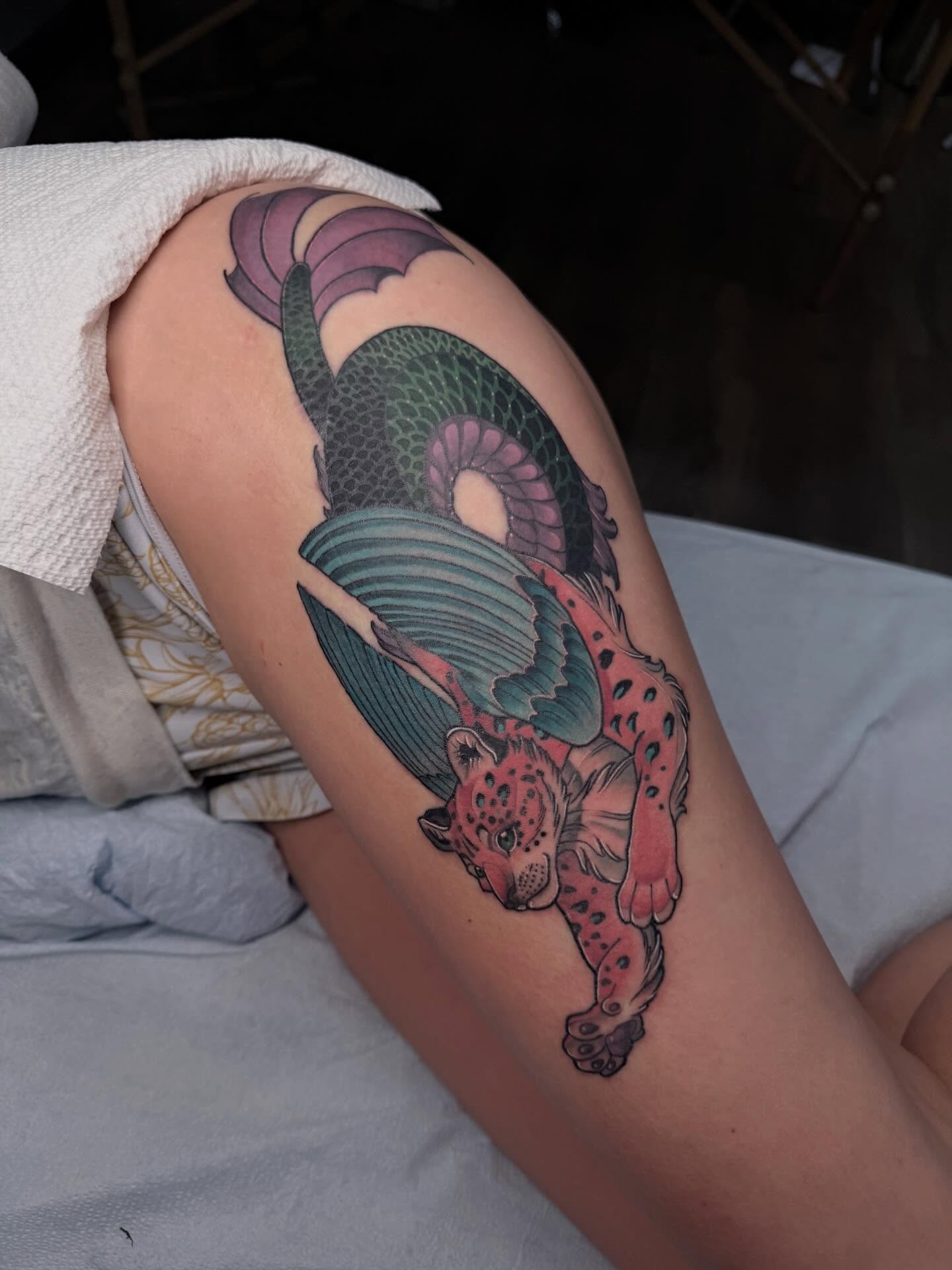 Mermaid and jaguar new school tattoo on the thigh by 🦋ｊｅｓｓｉｃａ  f  o  x🦋, Nashville, Tennessee