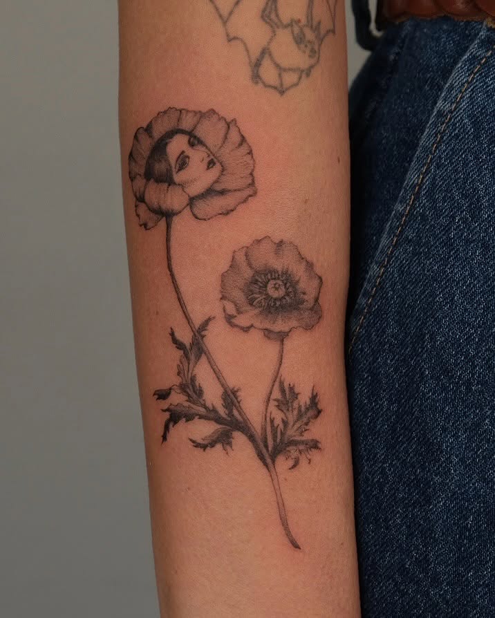 Poppy flowers black and grey tattoo on the forearm by macie ❥ austin tattoo artist, Austin, Texas