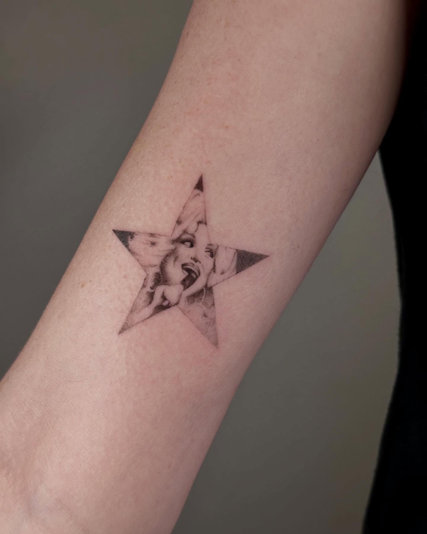 Star black and grey tattoo on the forearm by macie ❥ austin tattoo artist, Austin, Texas
