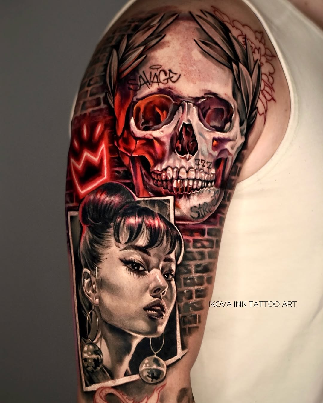 Skull and portrait realism tattoo on the forearm by Tattoo Artist Miami & la, Hollywood, Florida