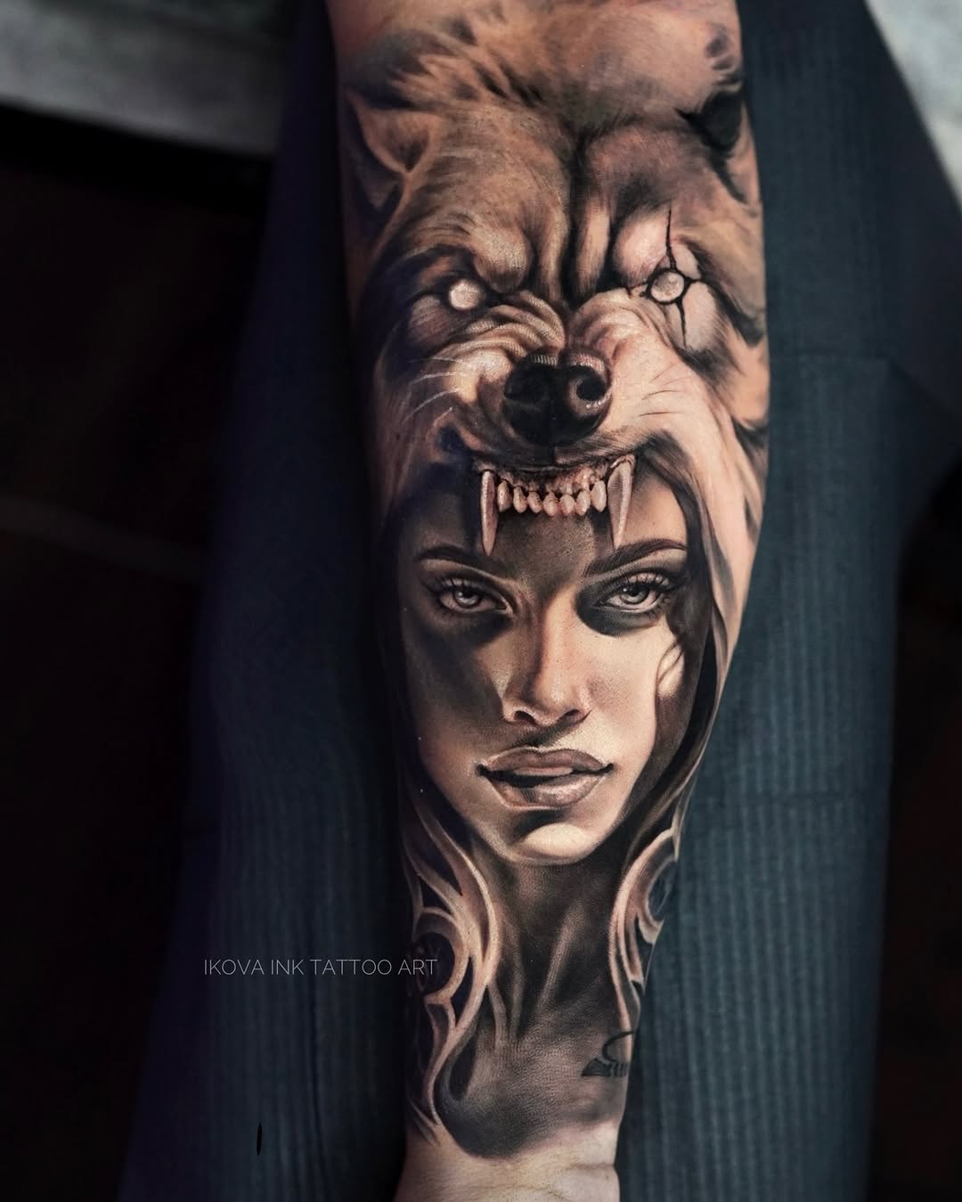 Woman with wolf mask realism tattoo on the forearm by Tattoo Artist Miami & la, Hollywood, Florida