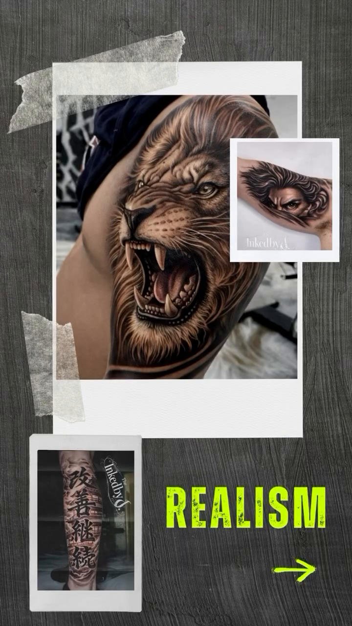 Lion portrait realism tattoo on the upper arm by Jaylen - Atlanta Tattoo Artist