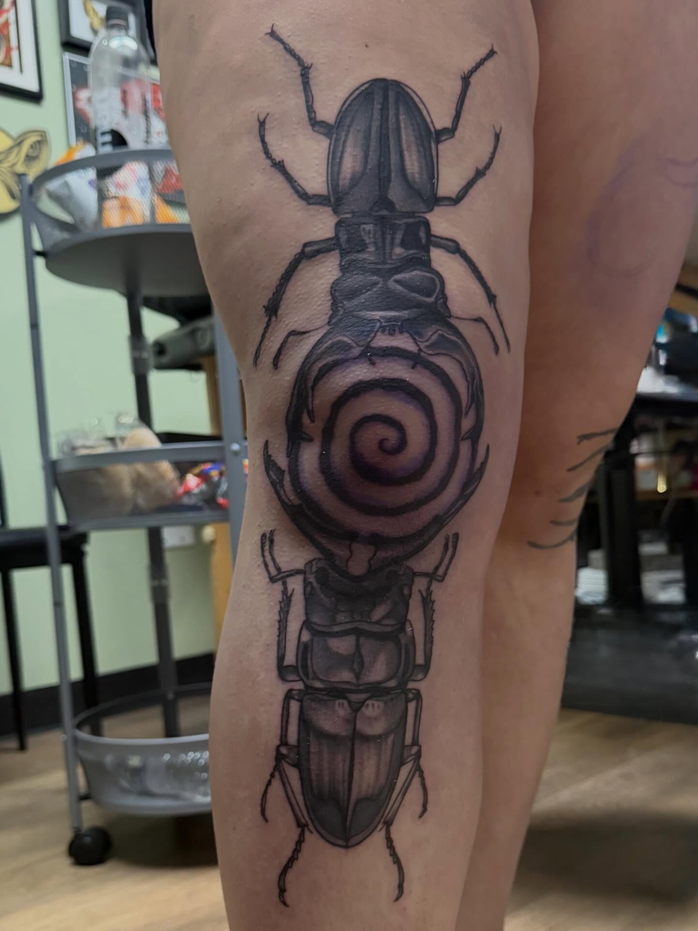 Stag beetle realism tattoo on the thigh by Tina Gregg, North Ridgeville, Ohio