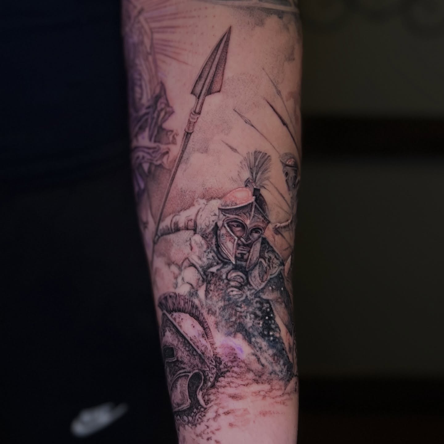 Warrior with spear realism tattoo on the forearm by Dominick Cali, East Islip, New York