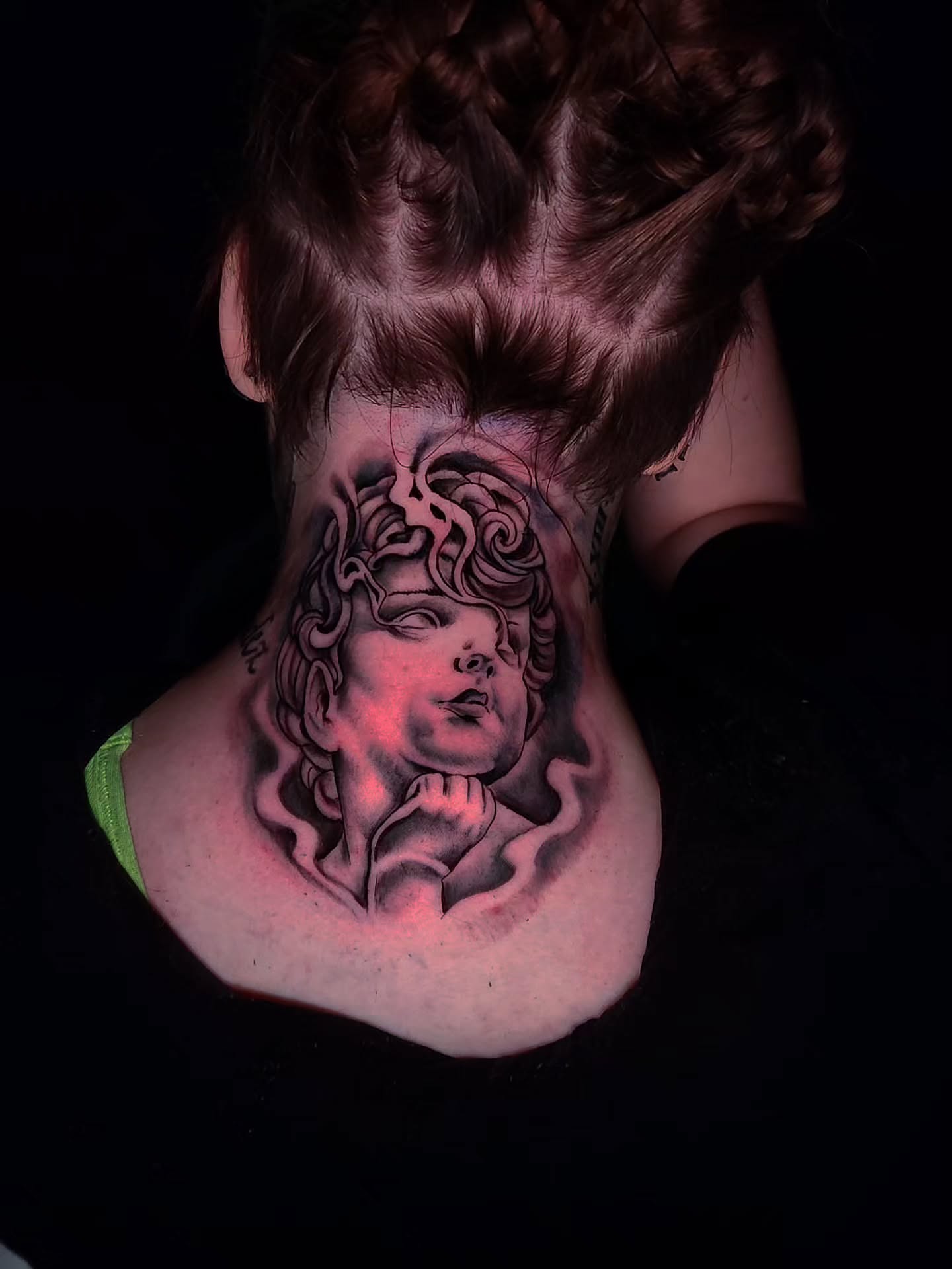 Cherub realism tattoo on the neck by 🗣 No Minors🔞‼️‼️‼️