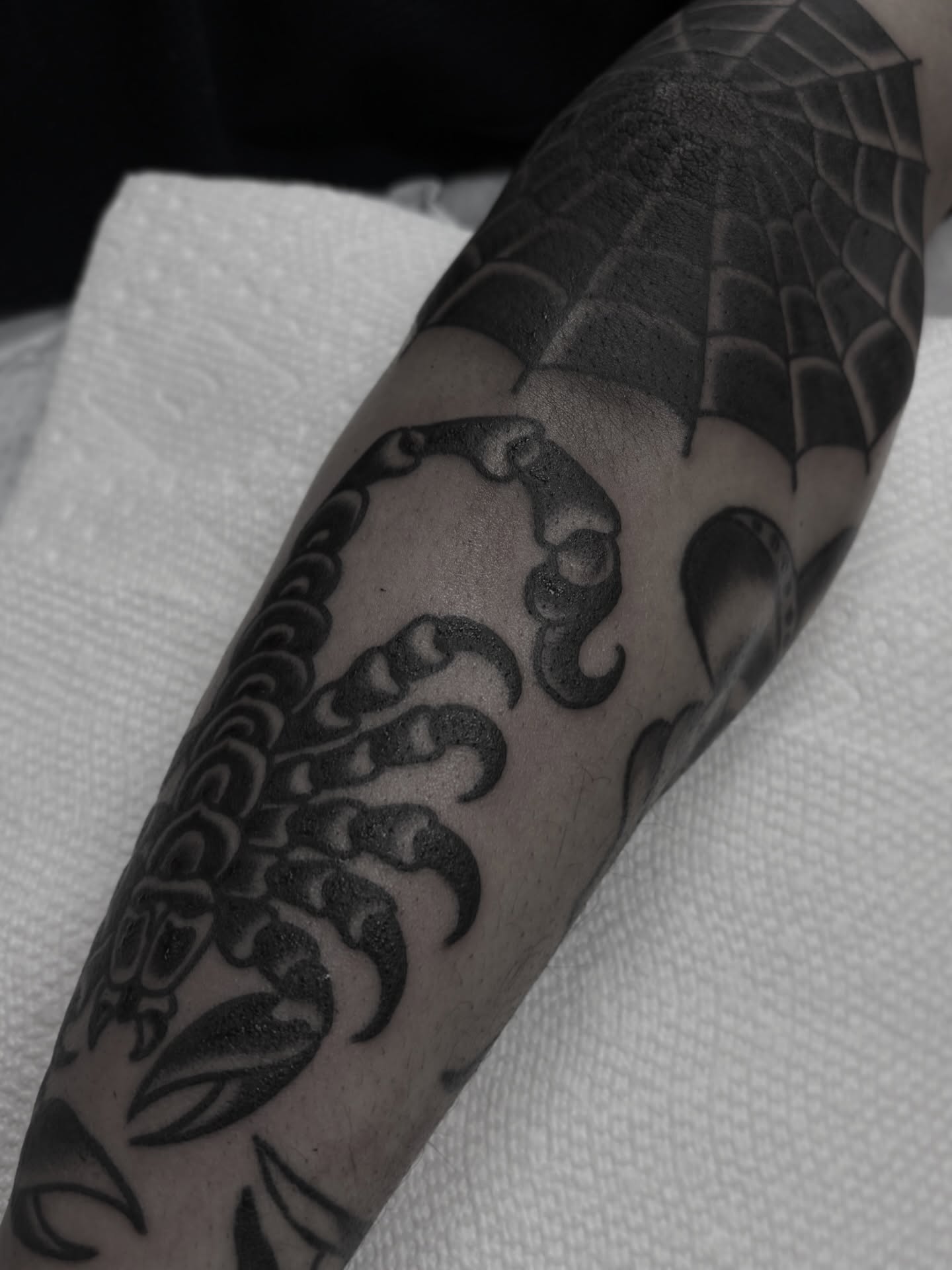 Scorpion American traditional tattoo on the forearm by Carlos Gonzalez Tattoo, Dallas, Texas