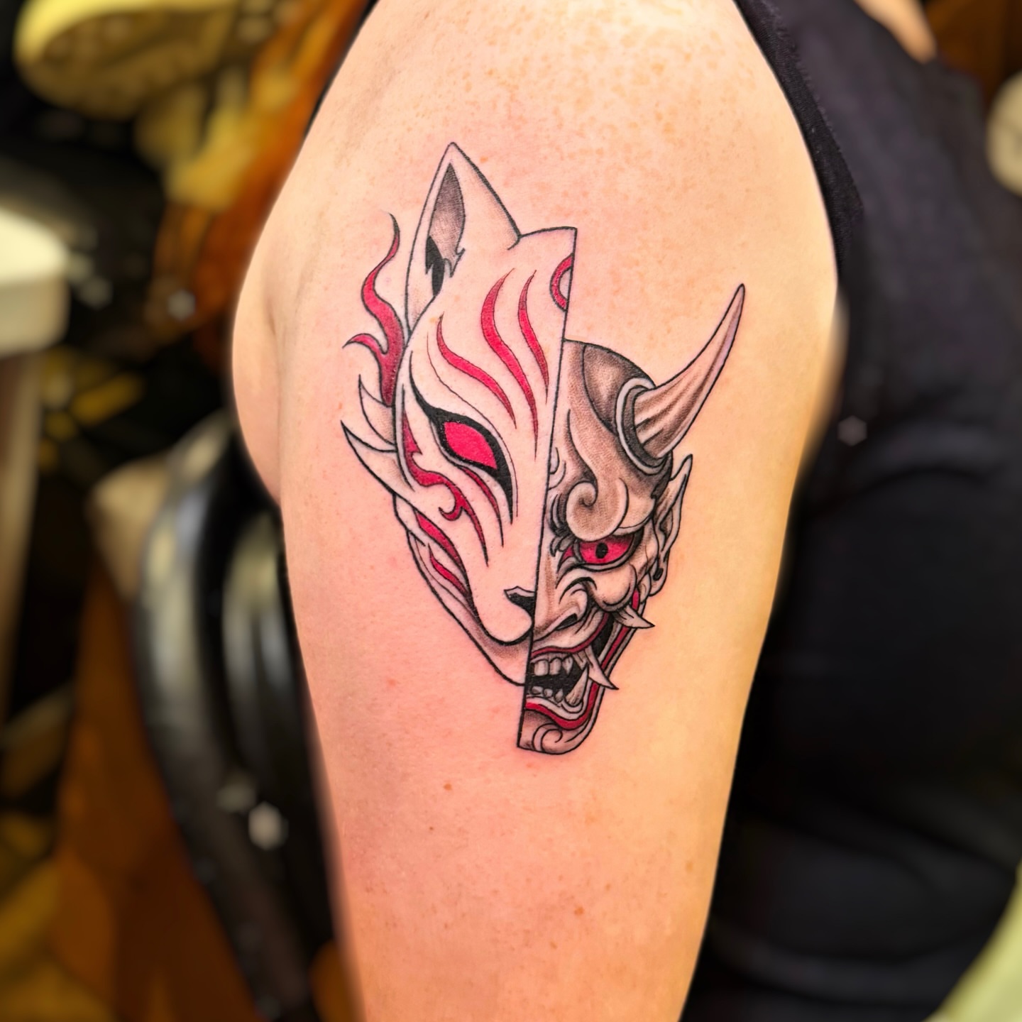 Demon mask japanese irezumi tattoo on the shoulder by Ericka Hampton, Ferndale, Michigan