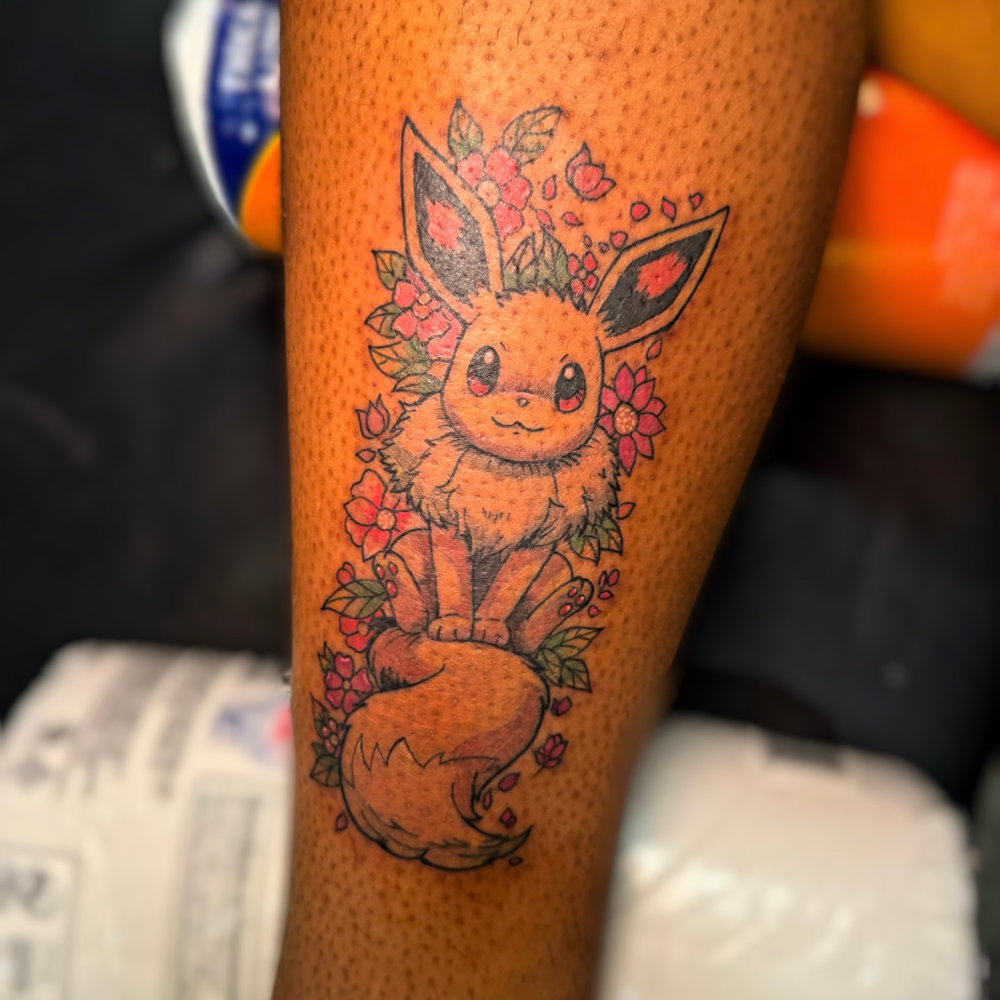 Eevee dotwork tattoo on the forearm by Ericka Hampton, Ferndale, Michigan