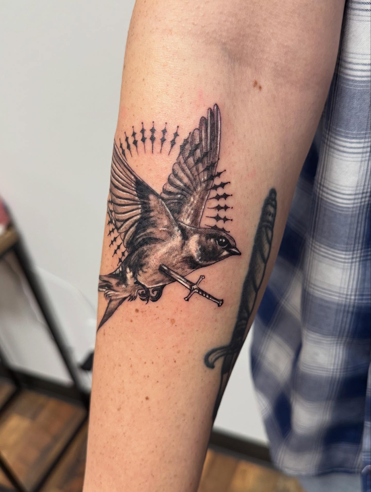 Bird with swords realism tattoo on the forearm by KT