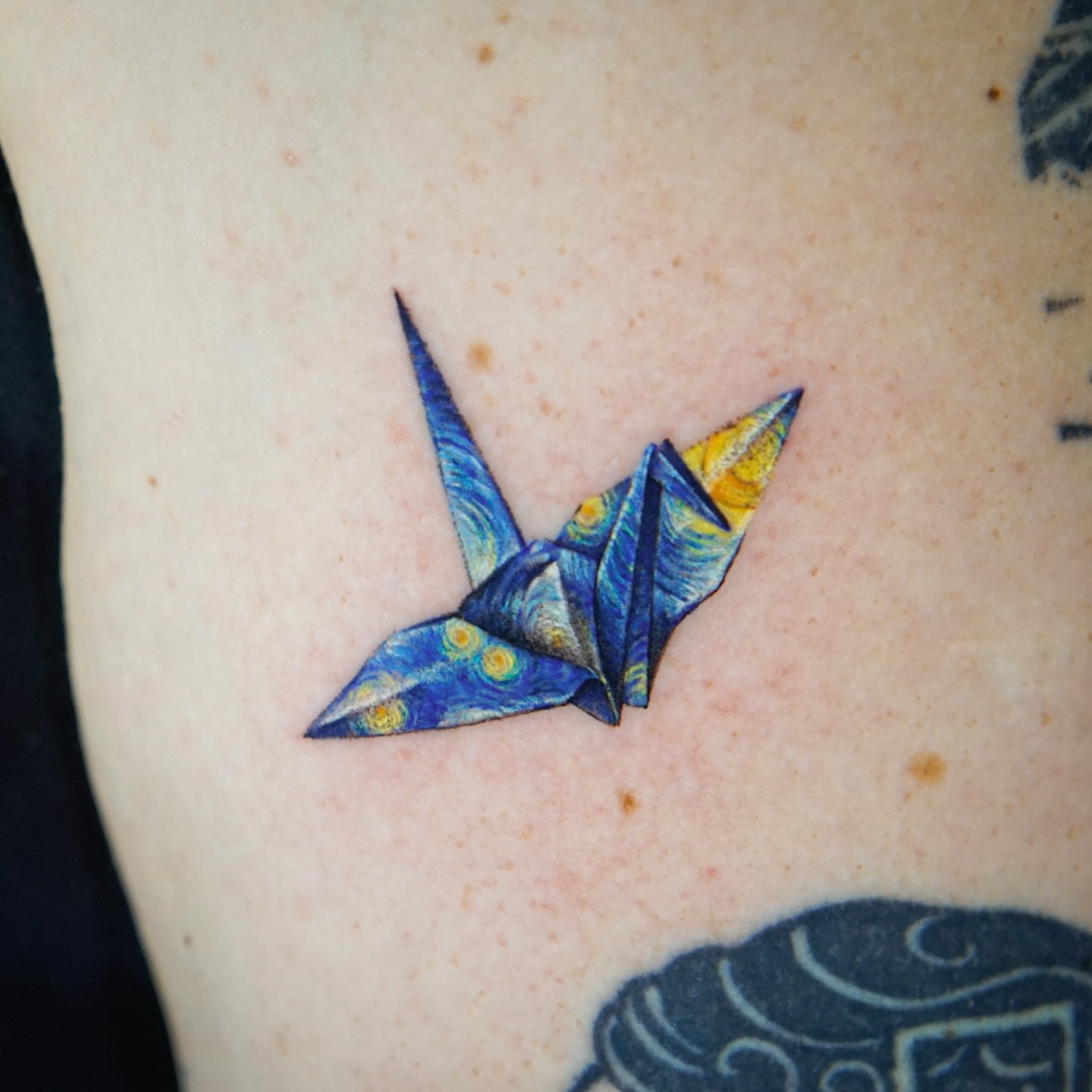 Van gogh origami crane dotwork tattoo on the chest by Gemma✨ Realismtattoo