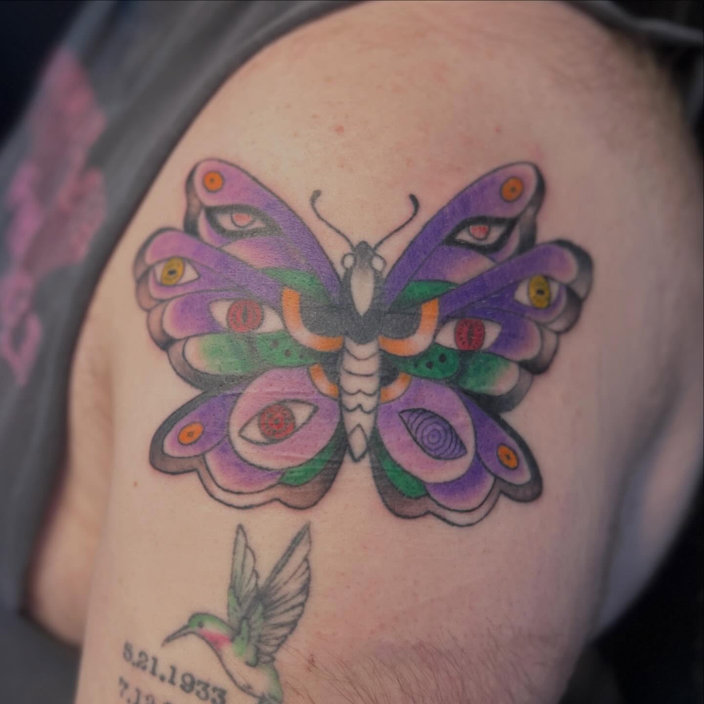 Butterfly dotwork tattoo on the shoulder by Abby Camacho - Tattoo Artist and Piercer โจ๐