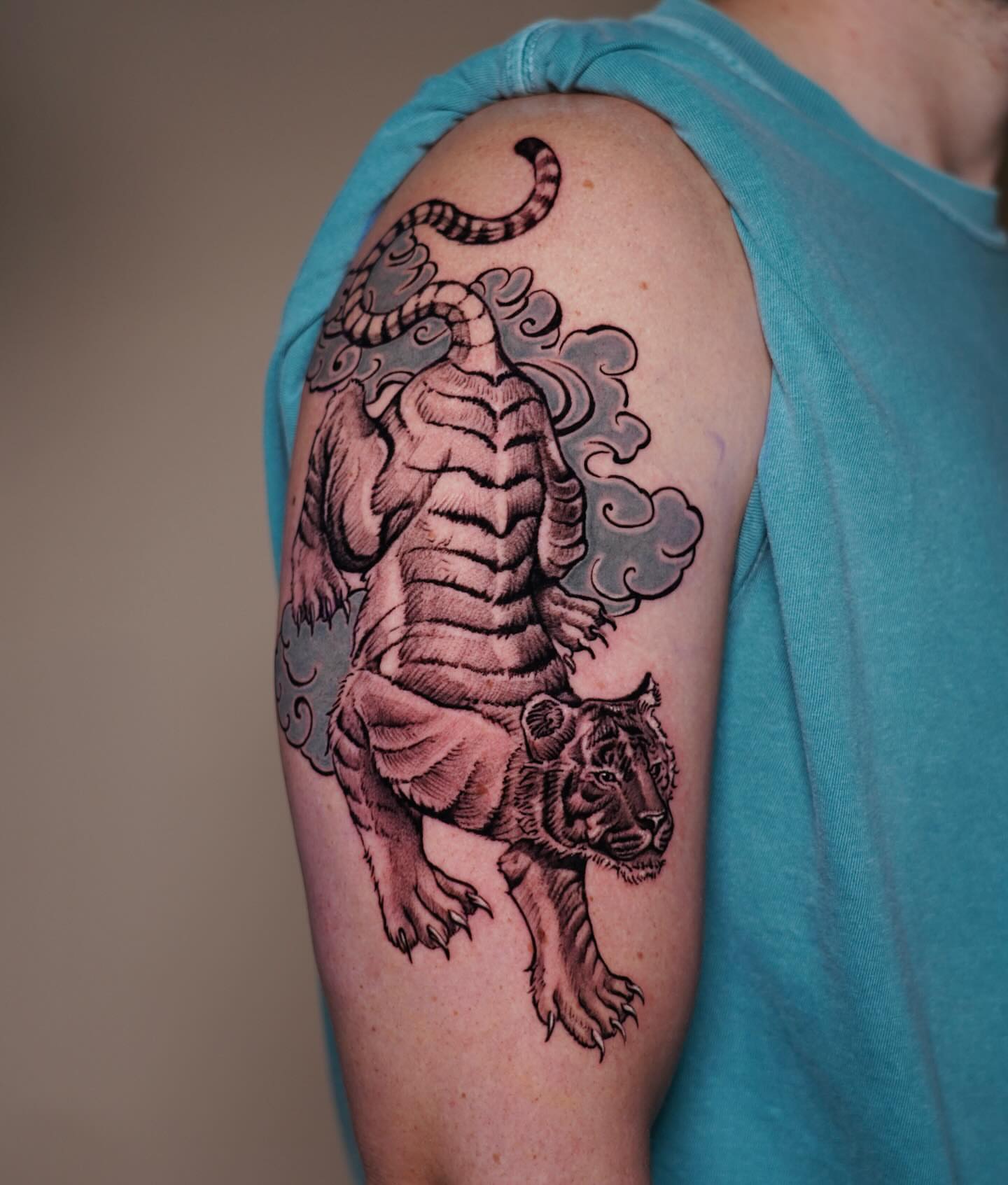 Tiger black and grey tattoo on the shoulder by Navei
