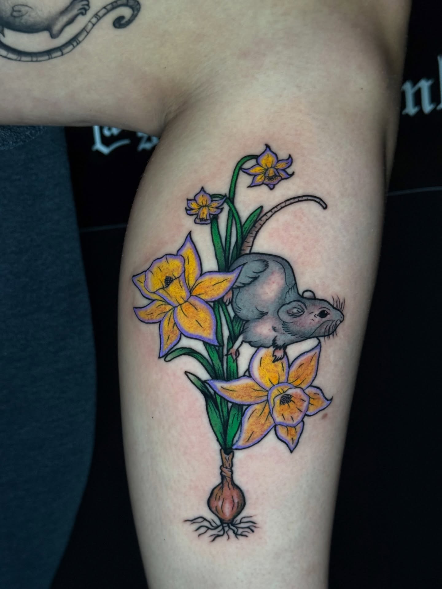 Daffodils and mouse realism tattoo on the forearm by @ryanpereztattoo