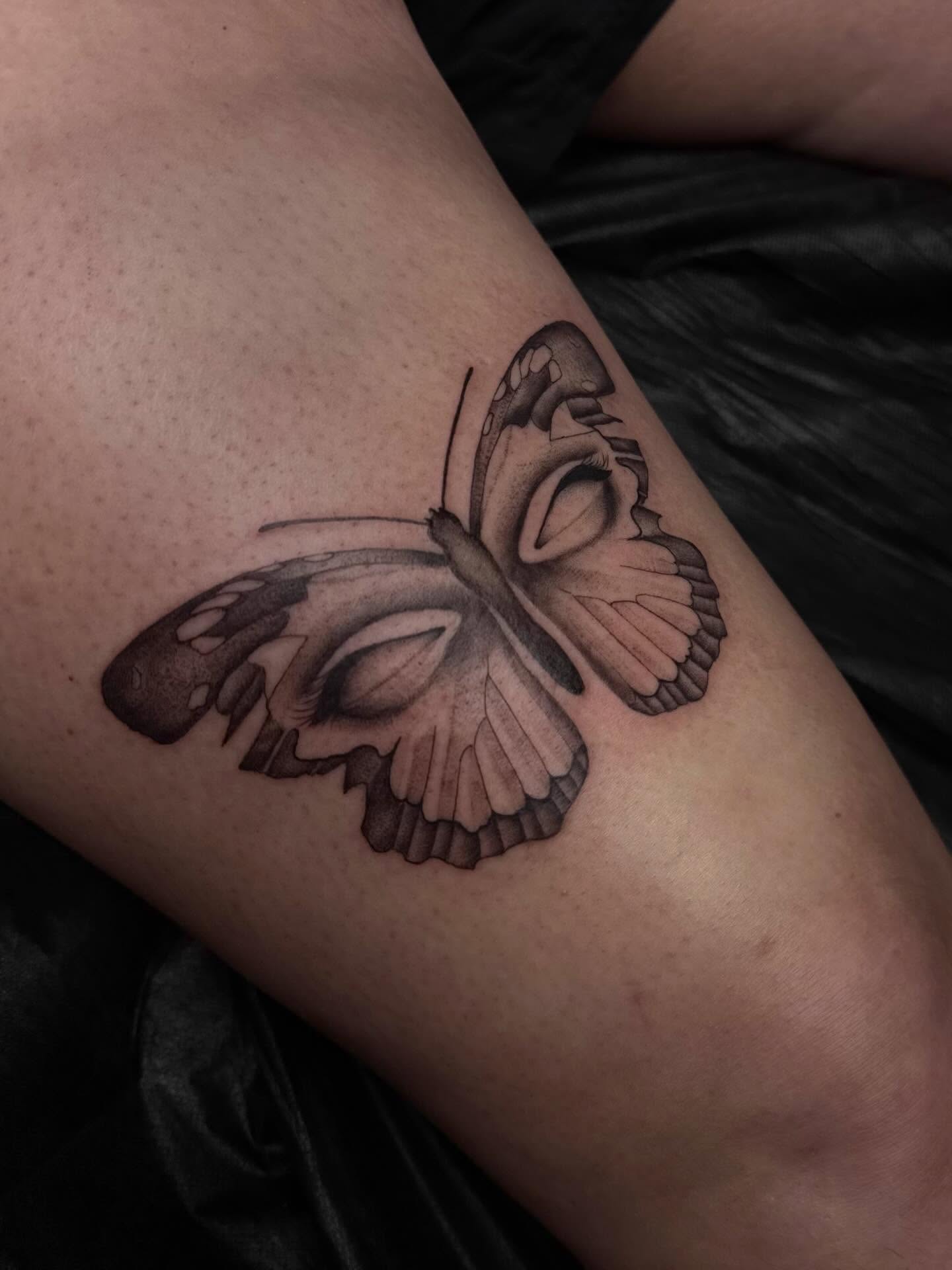 Butterfly black and grey tattoo on the forearm by Madison Jasso