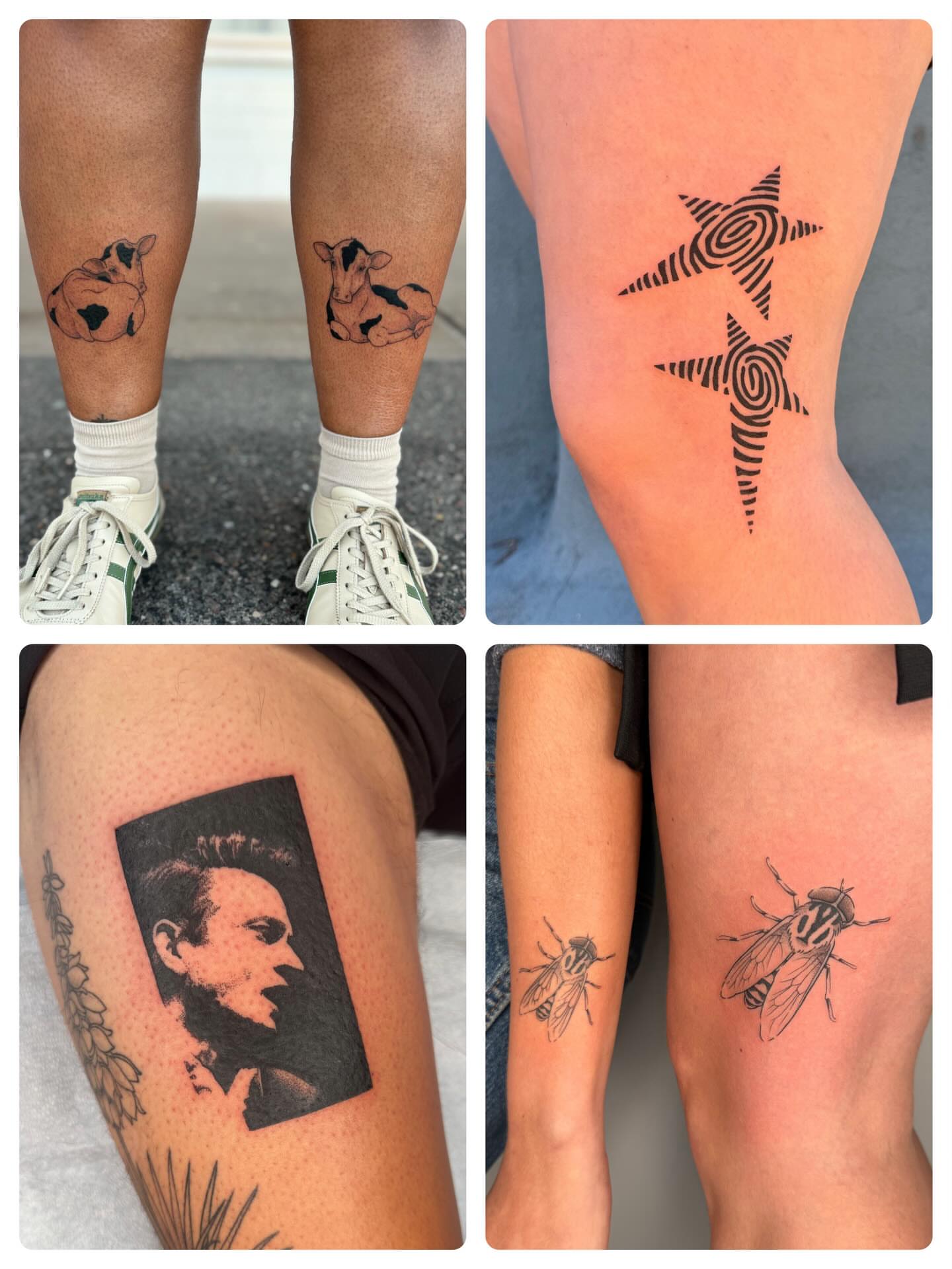 Cow black and grey tattoo on the leg by Maddie Hammell
