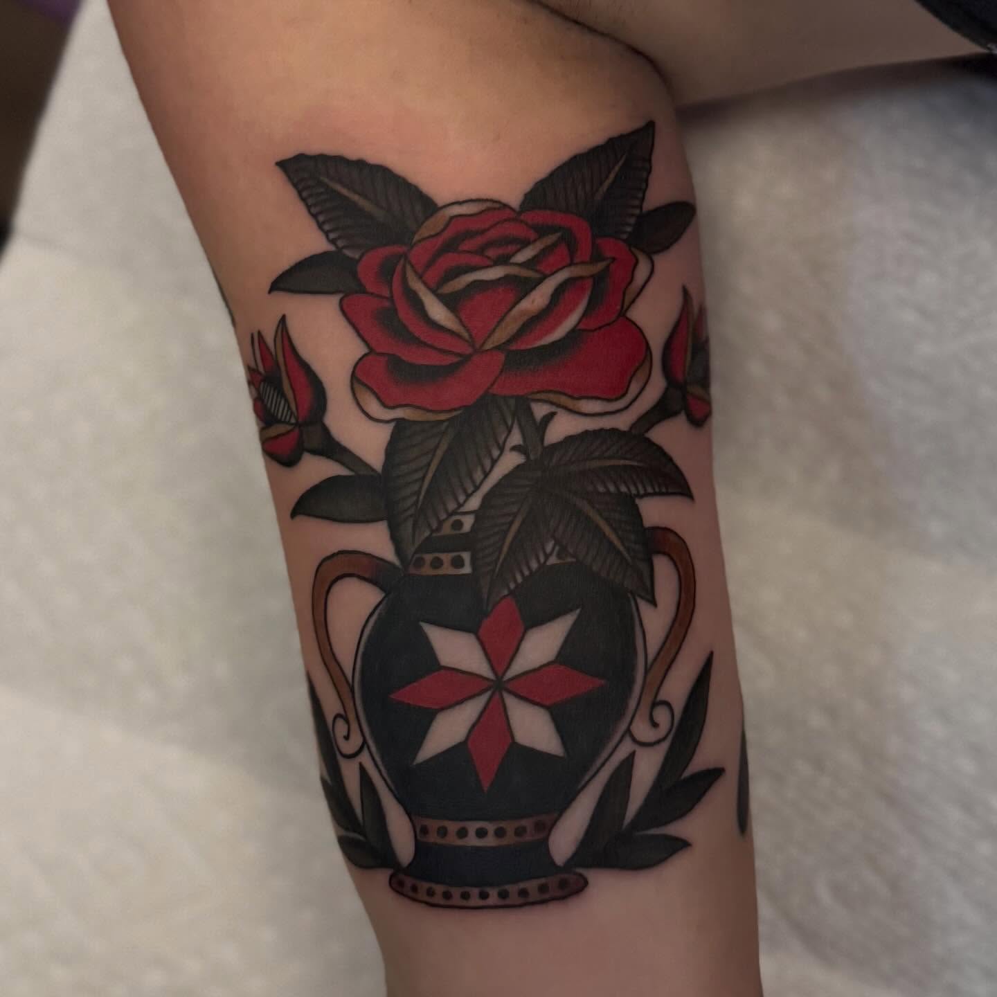 Rose in vase neo-traditional tattoo on the forearm by @ryleecoyote, New York, New York