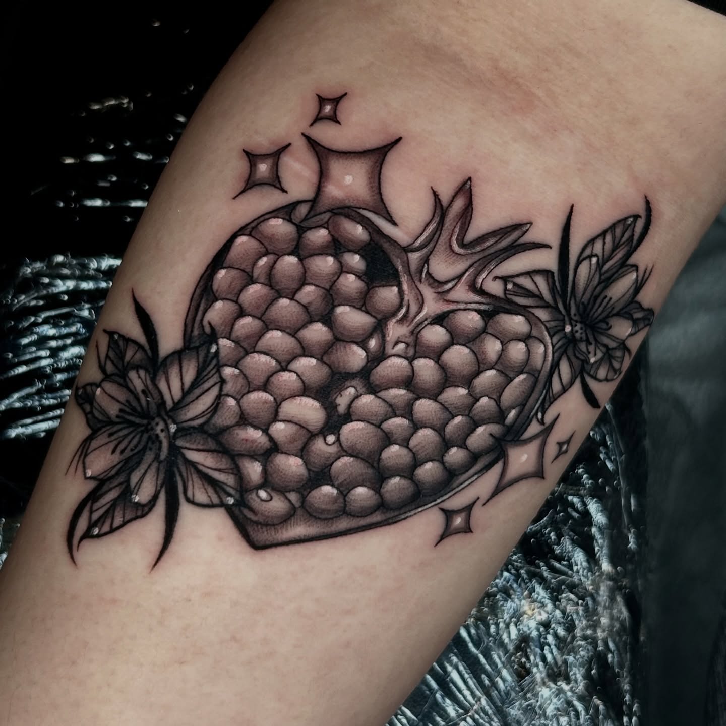 Pineapple black and grey tattoo on the thigh by ✮ Monarch Tattoos ✮