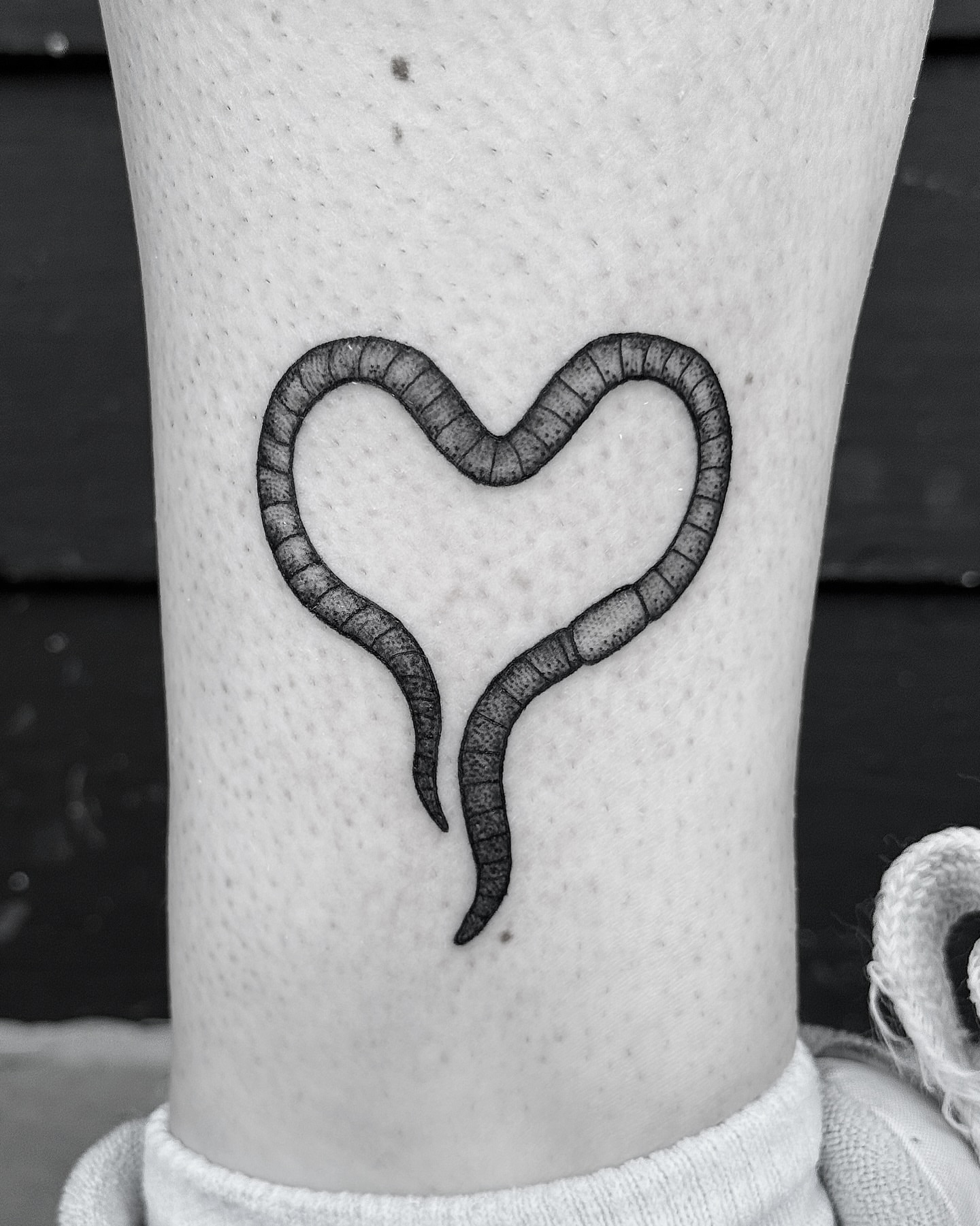 Worm heart black and grey tattoo on the forearm by Breezy Tucker
