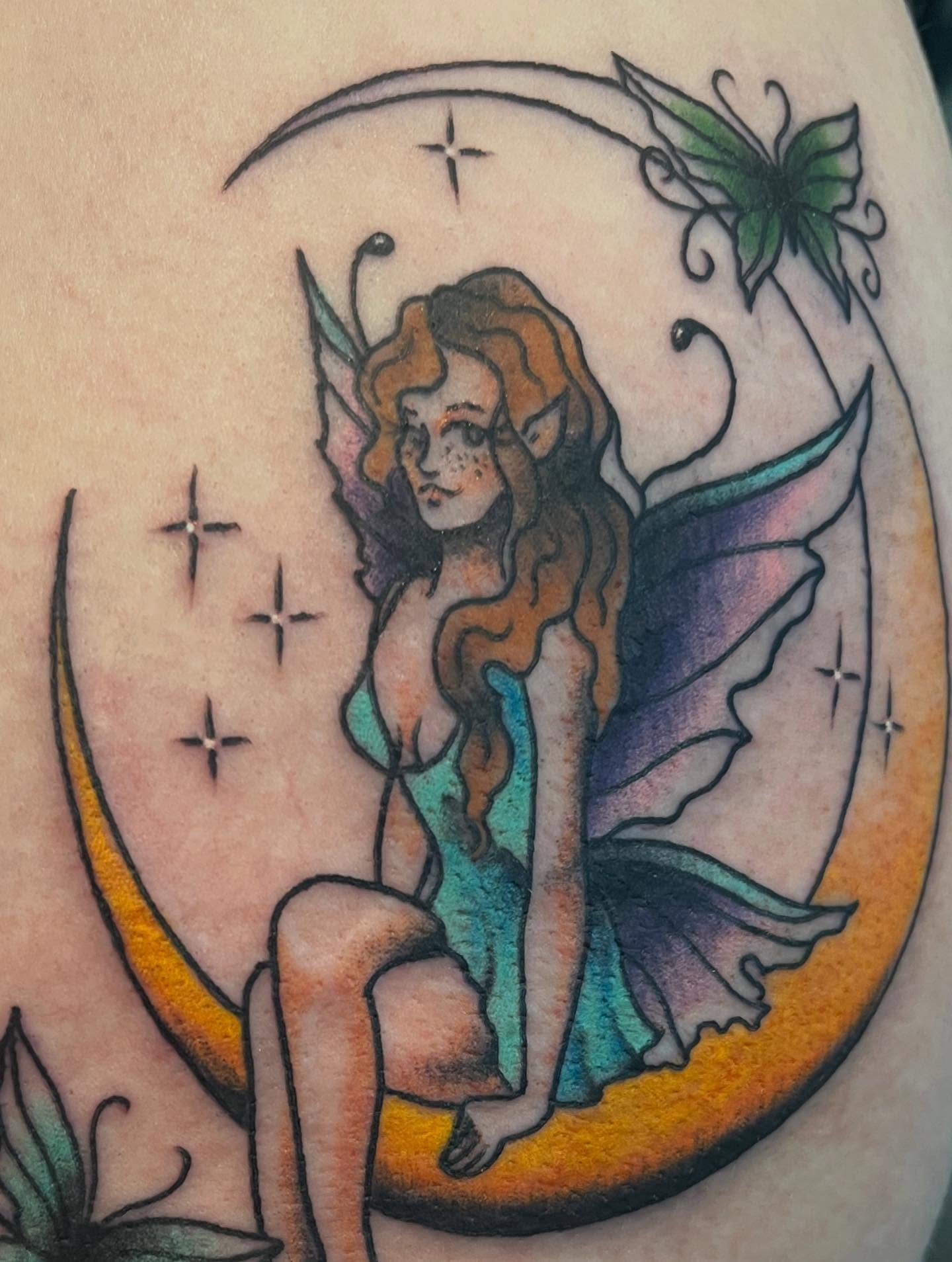 Fairy new school tattoo on the thigh by 🖤Jess Pereira🖤, Framingham, Massachusetts