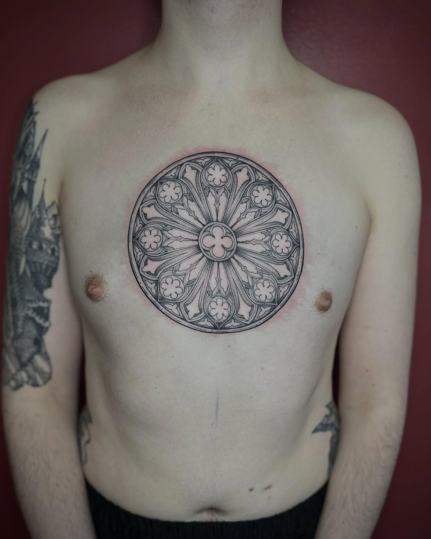 Medieval rose window ornamental tattoo on the chest by โฃ ๐ฝ๐๐๐๐๐ ๐ฟ๐๐๐๐๐๐๐๐๐๐๐ โฃ