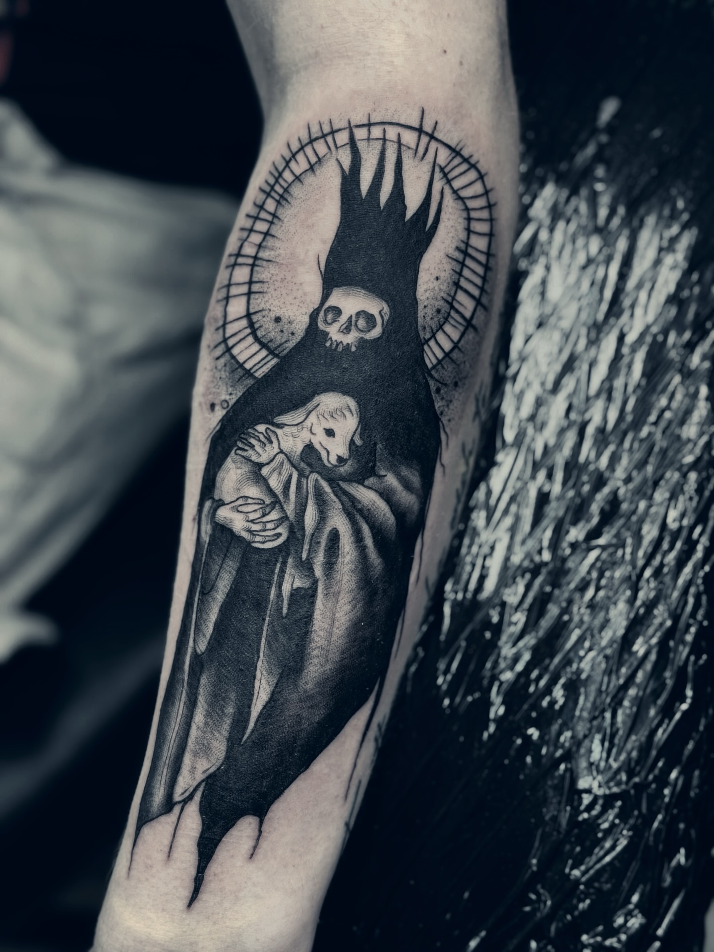 Death and child dark realism tattoo on the forearm by 🌙Jose Maldonado🌙