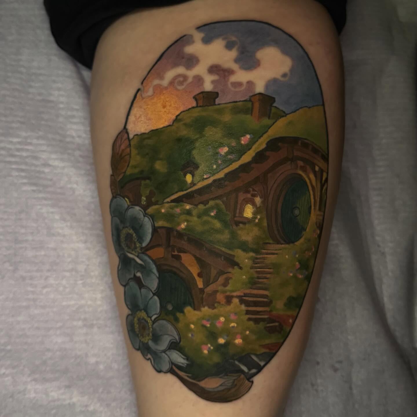 Hobbit house illustrative tattoo on the thigh by Paige Hudon, Chicago, Illinois