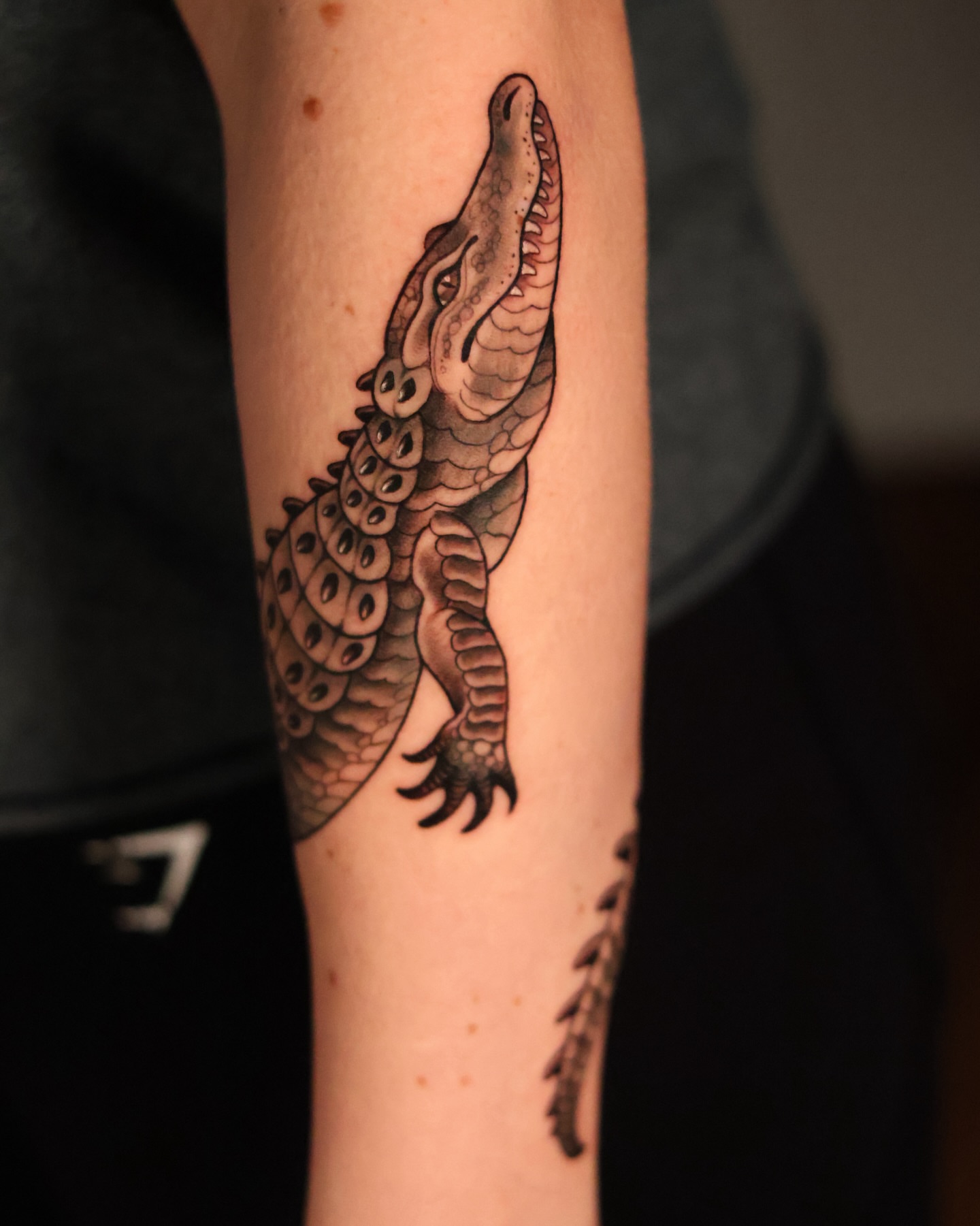 Alligator black and grey tattoo on the forearm by Sarah Baldwin
