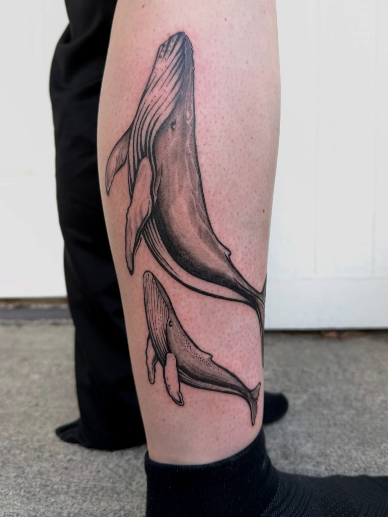 Whale black and grey tattoo on the forearm by Kingtide Ink