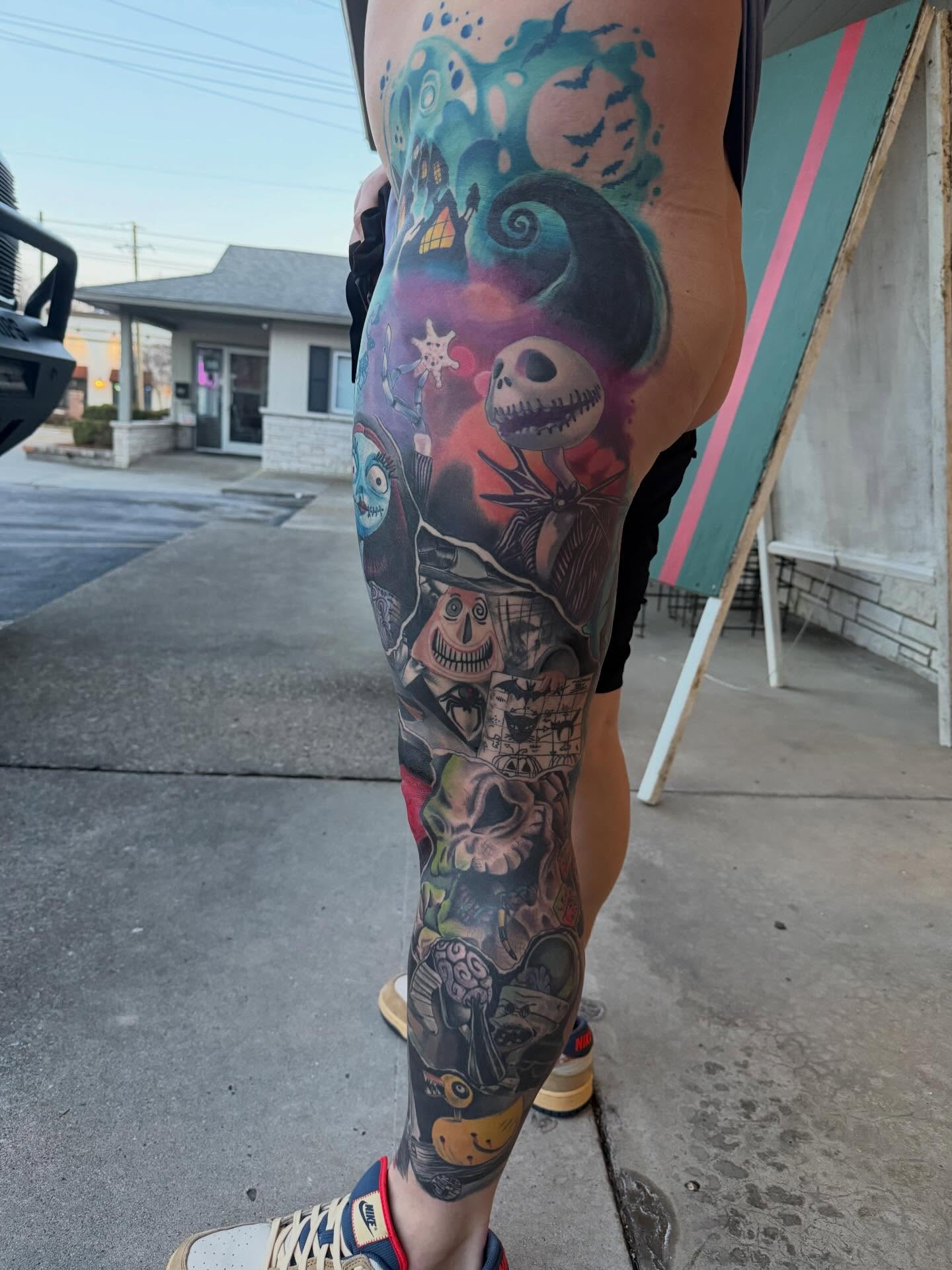 Nightmare before christmas characters dotwork tattoo on the leg by Matthew Gordon