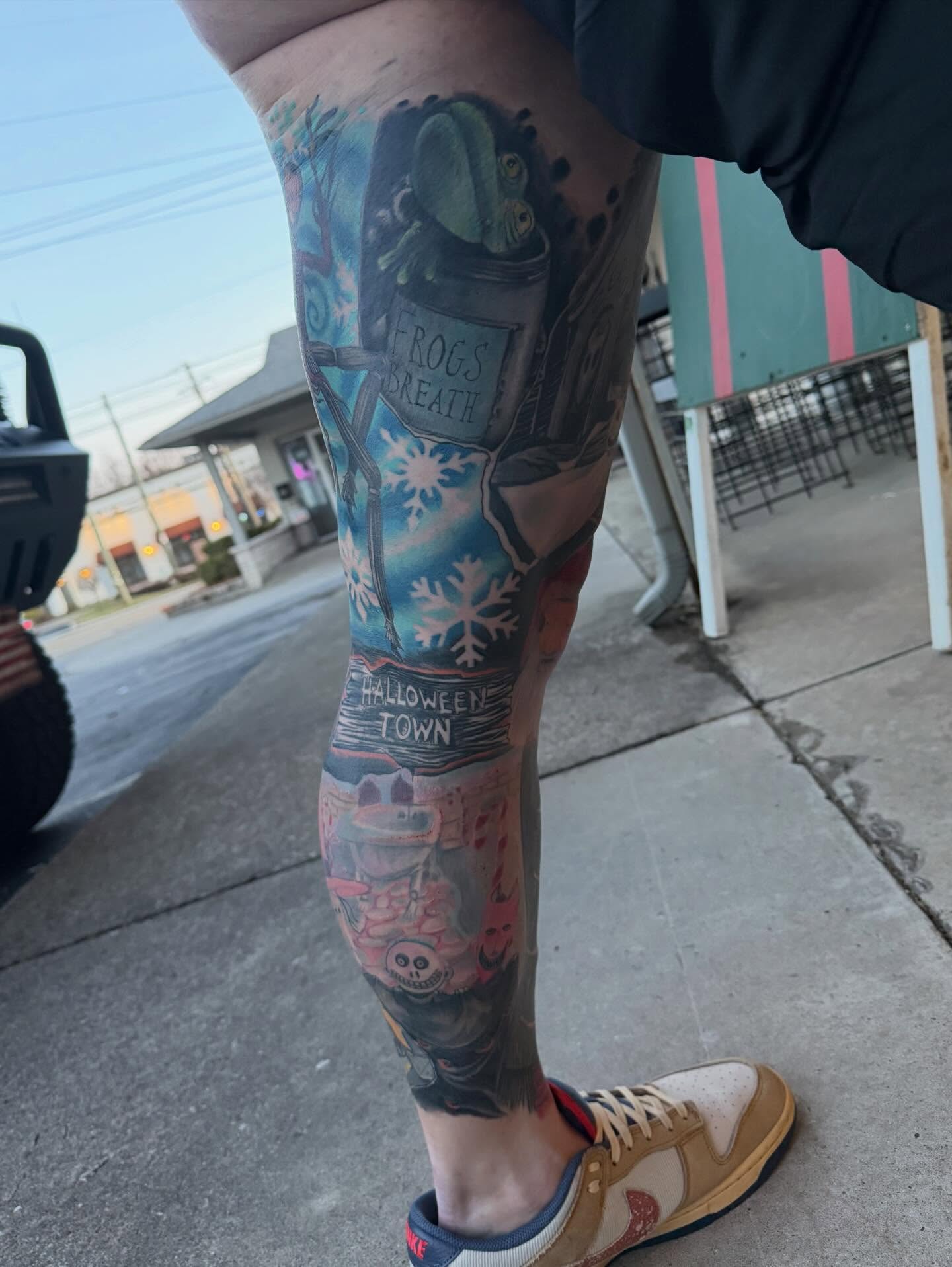 Halloween Town dotwork tattoo on the calf by Matthew Gordon