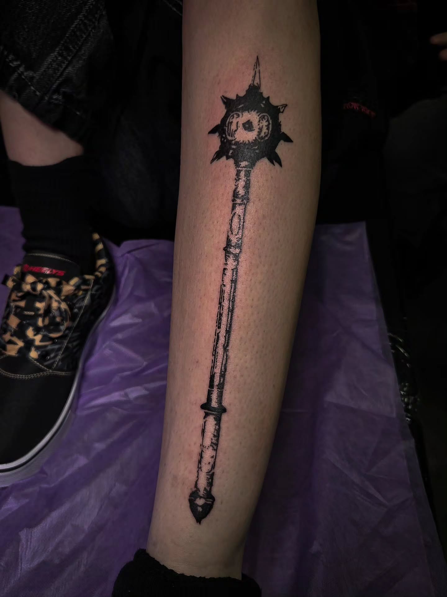 Spear black and grey tattoo on the forearm by Tattoo Artist X Kamm, Salt Lake City, Utah