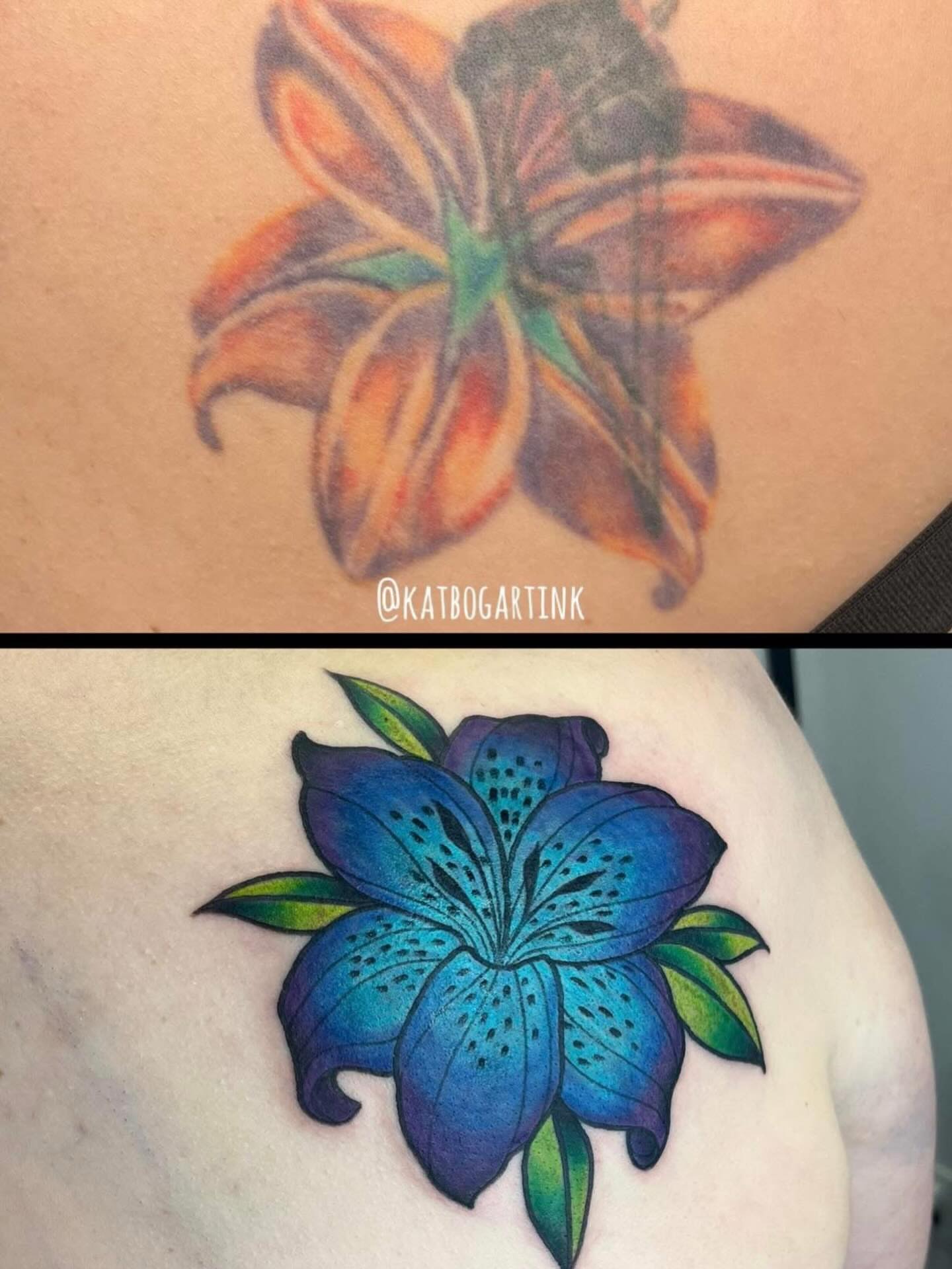 Lily realism tattoo on the upper arm by Kat (Scout) Bogart