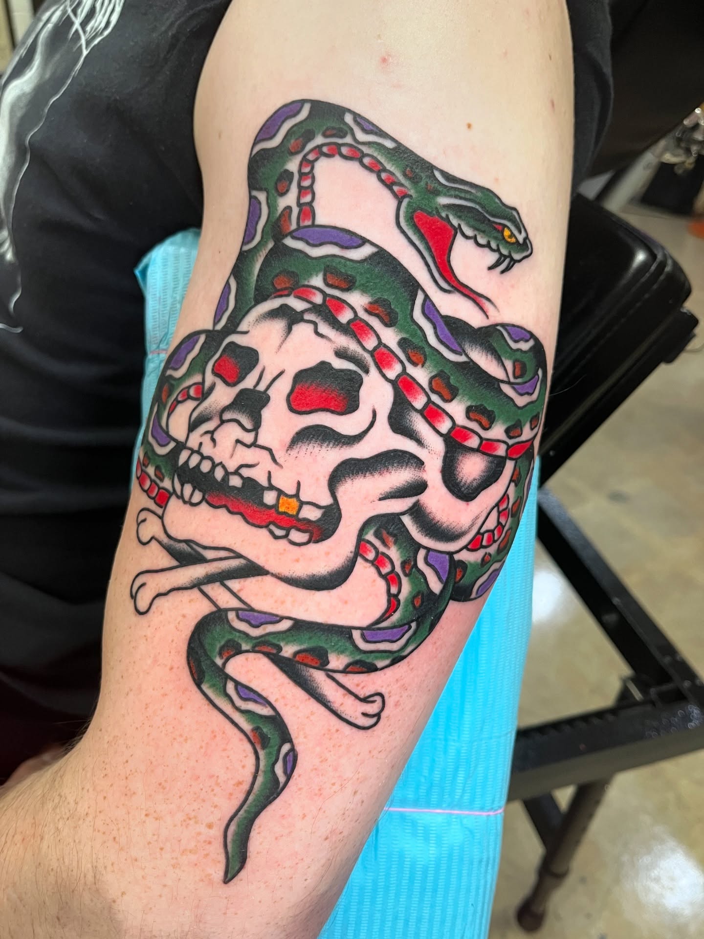 Skull with snake American traditional tattoo on the forearm by Tim Howell