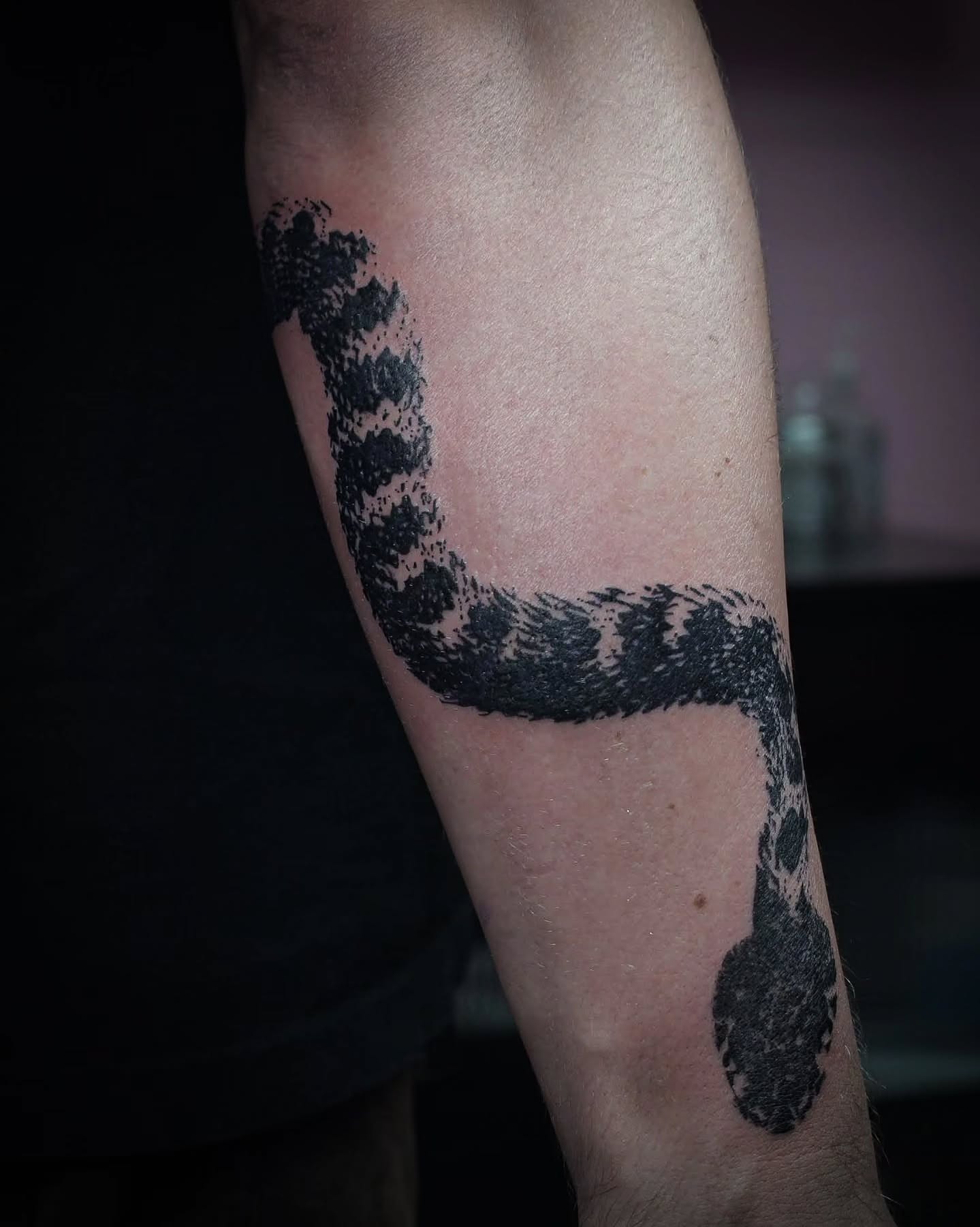 Snake dotwork tattoo on the forearm by Tattoo Artist X Kamm, Salt Lake City, Utah