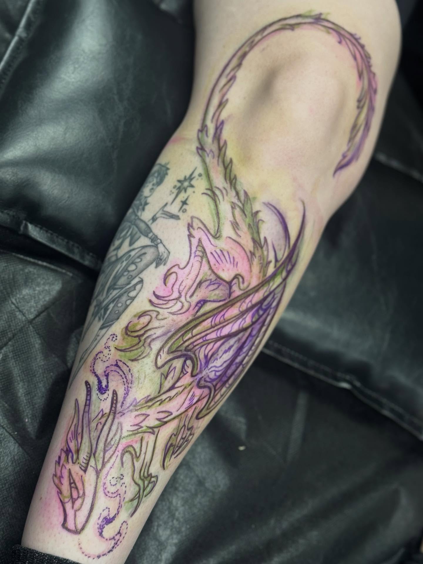 Floral dragon watercolor tattoo on the forearm by π»ππππ β½ πΏππππ, Franklin, Tennessee
