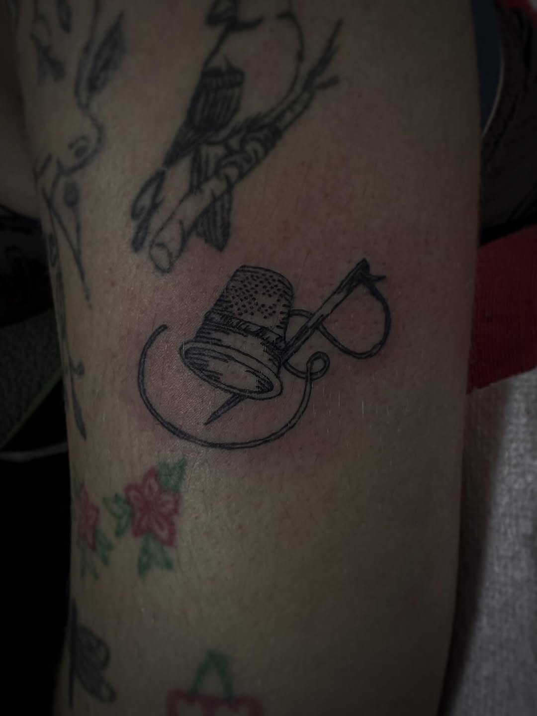 Thimble and needle minimalist tattoo on the forearm by ☆ ciara ☆